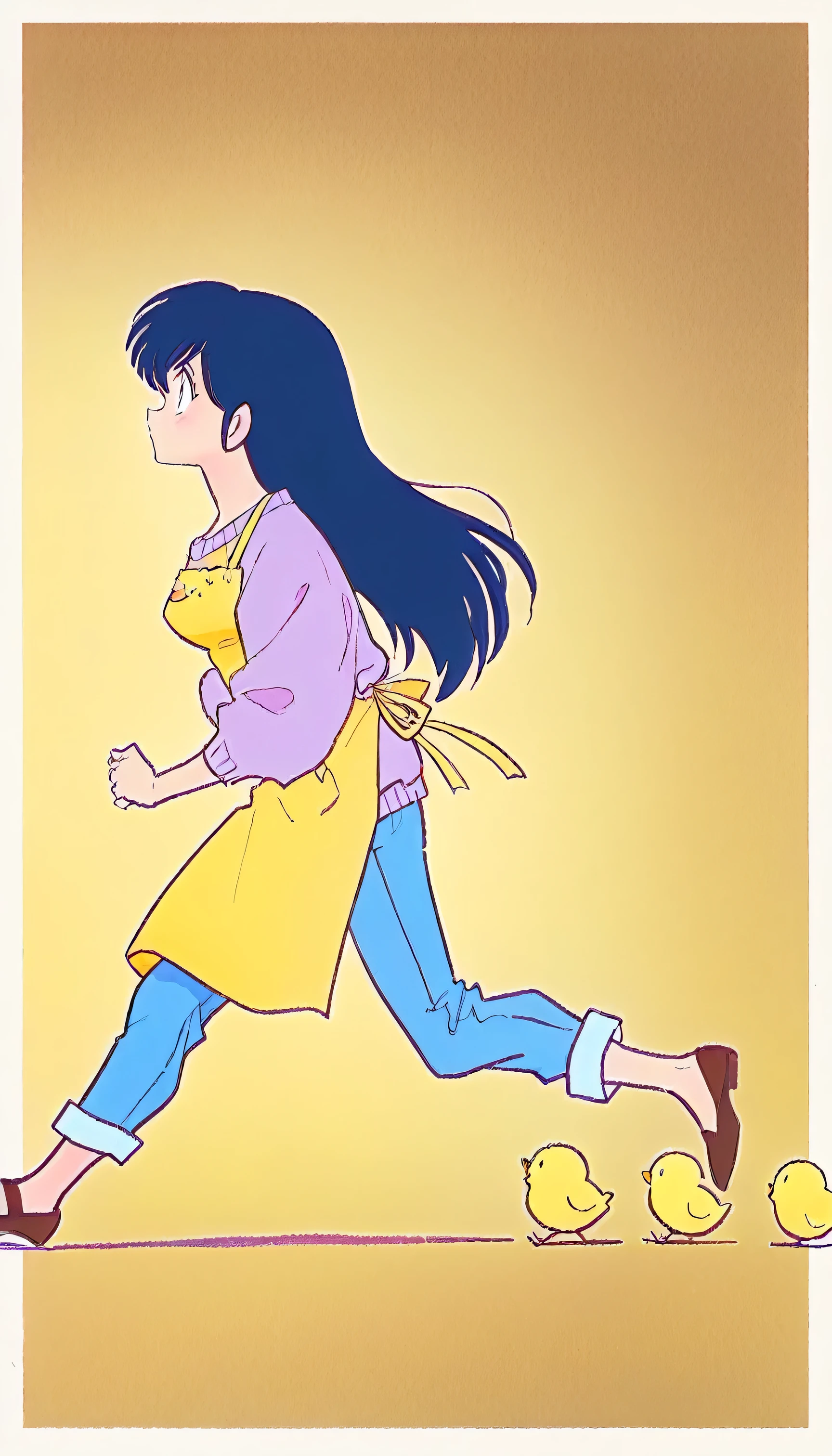 (beautiful girl:1.3),masterpiece,Ultra-high resolution,rich contrast,Very high quality,8k,Highly detailed CG unit wallpaper,Texture,Incredibly absurd,RAW Photos,Highest quality anime,anime-style illustration,studio anime style,professional photograph,an extremely delicate and beautiful,Depth of written boundary1.2,backlight,miaomiao_hwm,otonashi,(The yellow apron has a cute chick design.),straight long hair,almost black blue hair,light purple sweater,(she is running),(from side:1.3),(full body),pale yellow background,(A white border surrounds her),jeans