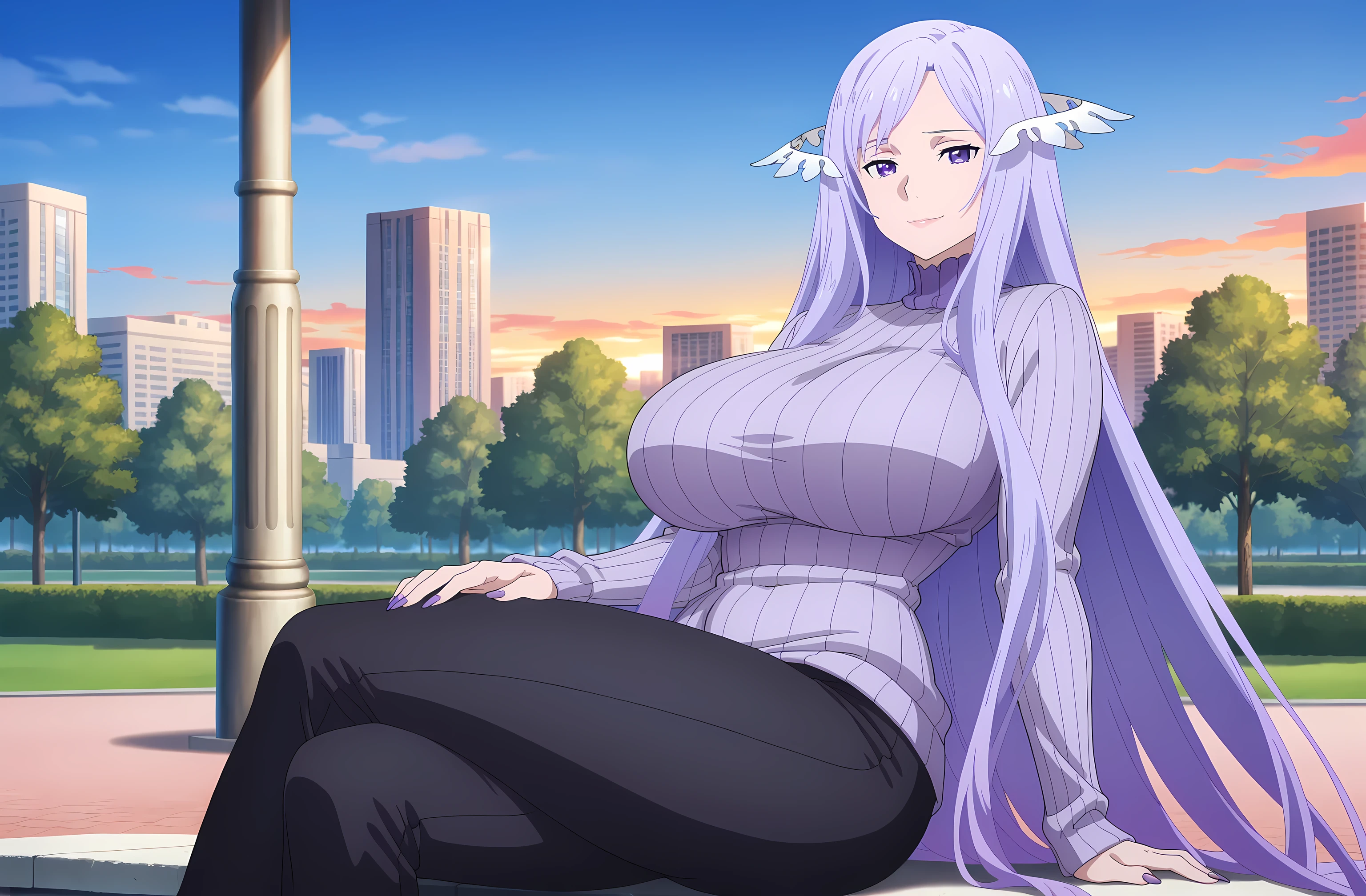 newest , masterpiece , anime screencap , anime coloring, best quality, quinella, 1girl, adult Mature female, long hair, purple nails claws, light purple hair, sidelocks, purple eyes, attractive face, strict attributes, ractical body shape, glamorous bodies, attractive bodies, fit bodies, big Curvy, Slutty, Neat, big breast, big hips, huge buttocks, thick thighs, Toned thighs, huge thighs, well-trained body, ((purple turtleneck sweater, black pants,)), sad Smile, lips, looking at viewer, sitting , cowboy shot , outdoors , park , blue sky , scenery , city filipino, Sunset,
