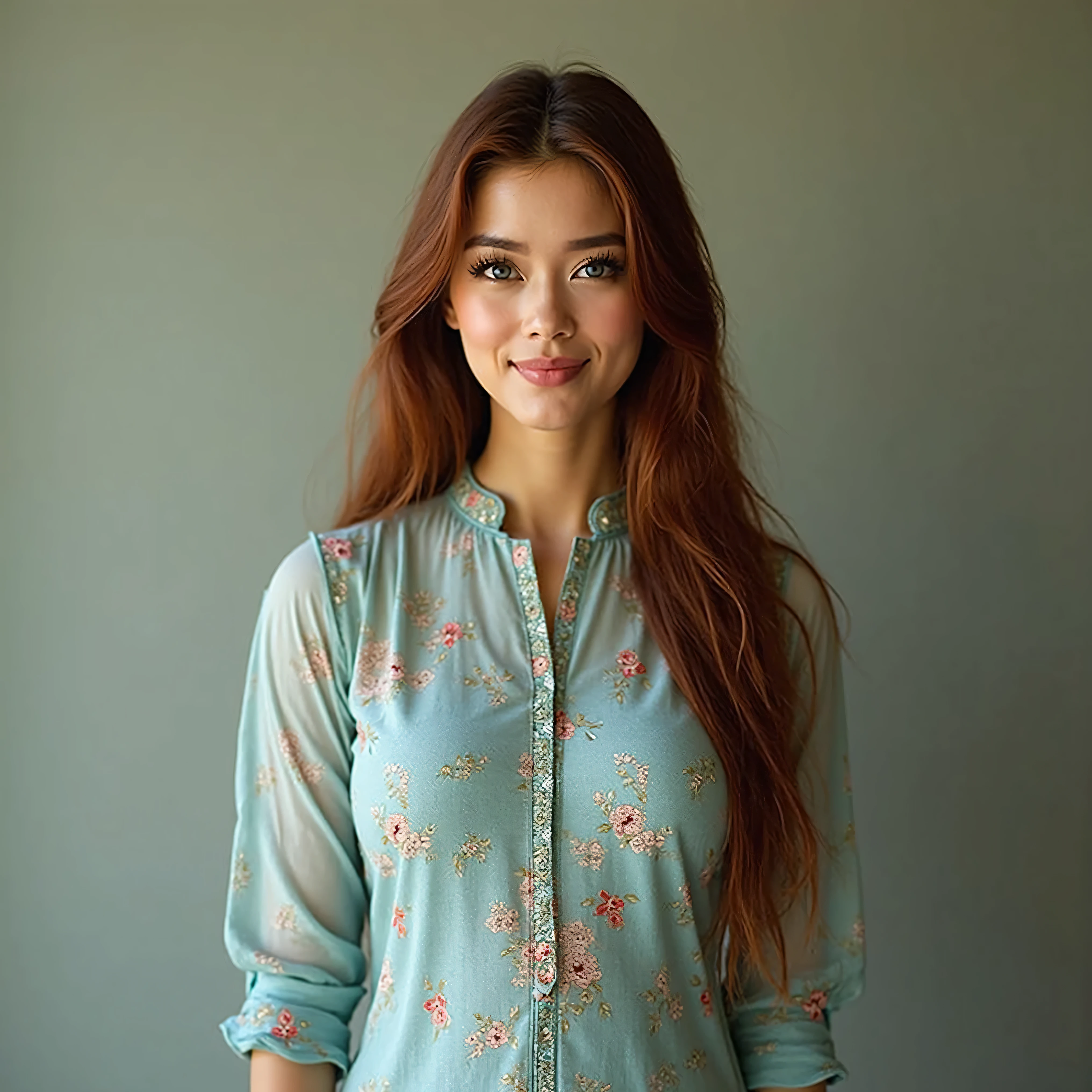 A realistic, high resolution photograph of a beautiful Asian woman in her 40's; full body frontal view facing the camera with her arms at her side, looking at the camera. There is extra space in the photo above her head. She has a lithe, hourglass, fashion model figure with large rounded breasts with natural curvature, large hips, and a regular waist. She has very long straight copper brown hair. She has a perfect, heart shaped face, thin lips, a small nose, a short, bull neck, and ears that lay close to her skull. She has blue eyes and an olive complexion. Her lips are closed and she has a mischievous smirk. She is wearing a Nepalese pastel blue flower print kurta dress with red, flowers with green leaves Her breasts are well defined beneath the clothing. There is no one else in the photo. There is extra space above the subject’s head and centered composition — suitable for magazine-style layout or cinematic framing.