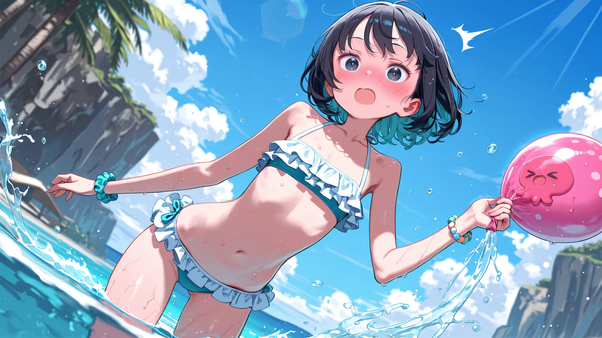 (mesa, arte digital, digital illustration, 4k, 8K, ultra-detalhado, Imagem bonita, clear image, Fotorrealista, Foto CRU, rosto perfeito, linhas perfeitas, olhos perfeitos, soft lighting) 1 mulher, (cabelo castanho claro,Chignon hair in a high position,Olhar inocente,droopy eyebrows,droopy eyes,com rosto redondo,innocence,bonitinho,Olho grande,maquiagem natural,sorria gentilmente,Colossal ,23 are romances:1.3),Dois homens bonitos de terno, (humano,Homens de terno,bem musculoso,Largura firme dos ombros,homem adulto,Penteado de menino,Man in his 30s with a cool expression,Homem de 28 anos com sorriso brilhante:1.2),Costa de Enoshima,mare,praia,open blue sky,nuvem,areia da praia,cute swimsuit,The bikini,(nervoso,seja timido,com sono,envergonhado de:1.1),Abra sua boca fina,standing photo,arranjos florais,sorrisos inocentes,looking at the camera,namorando,(Carros de corrida,Carro azul claro),banho de mar,rir、Images as engraving idols、Fique de joelhos,ajoelhado,put your arms up,