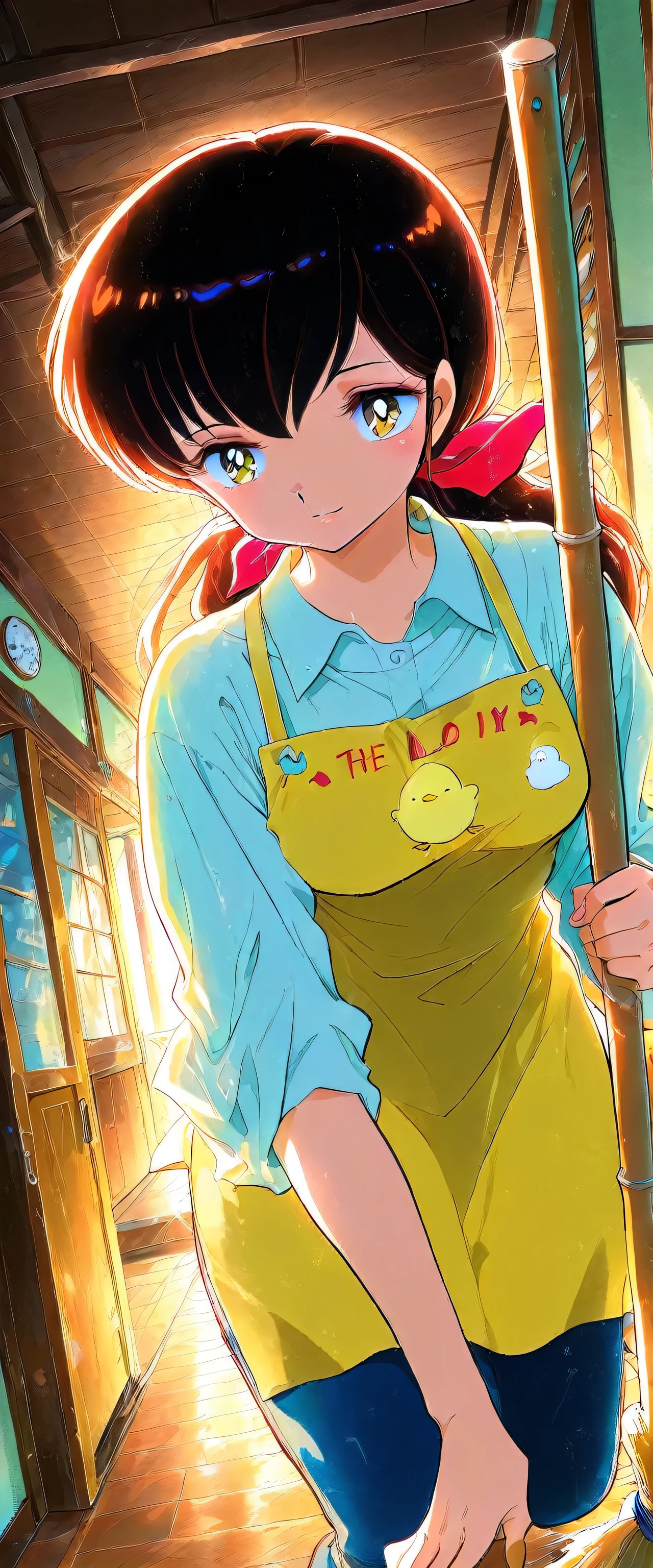 (beautiful girl:1.3),masterpiece,Ultra-high resolution,rich contrast,Very high quality,8k,Highly detailed CG unit wallpaper,Texture,Incredibly absurd,RAW Photos,Highest quality anime,anime-style illustration,studio anime style,professional photograph,an extremely delicate and beautiful,Depth of written boundary1.2,u,backlight,miaomiao_hwm,otonashi,(The yellow apron has a cute chick design.),light smile,Shabby wooden apartment,she has a broom,dynamic angle,
