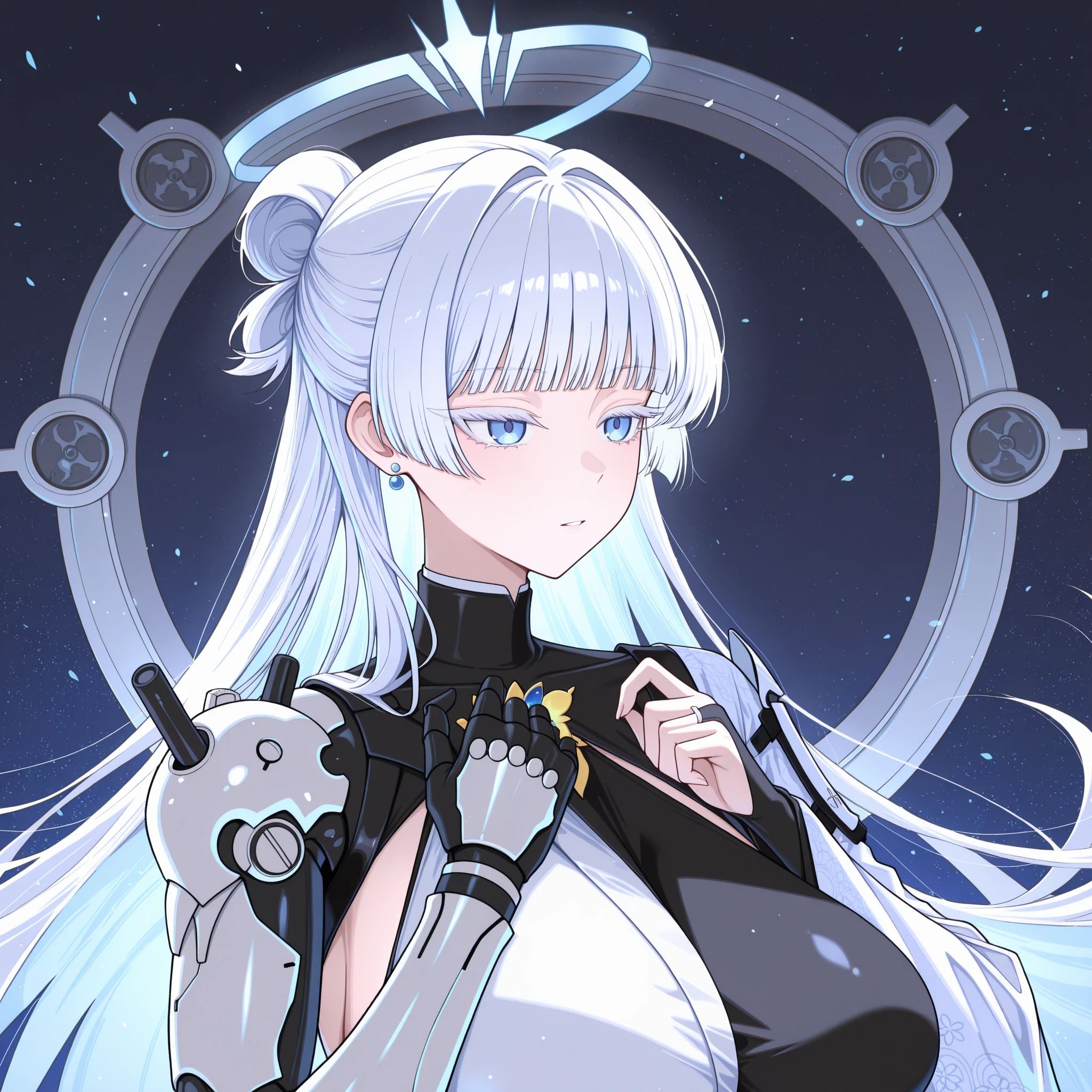 Photo of a Japanese female android in her mid-twenties made of glossy white and silver translucent glass and plastic, Geisha makeup and hairstyle, Silver-colored metal internals, Dynamic pose, Flowing organic structure, Shiny gold circuit, colorful Neon Trim, Glowing Circuit, Neon Trim, Depth of Field Focus F/2.8, art：H.r. Giger, Greg rutowski