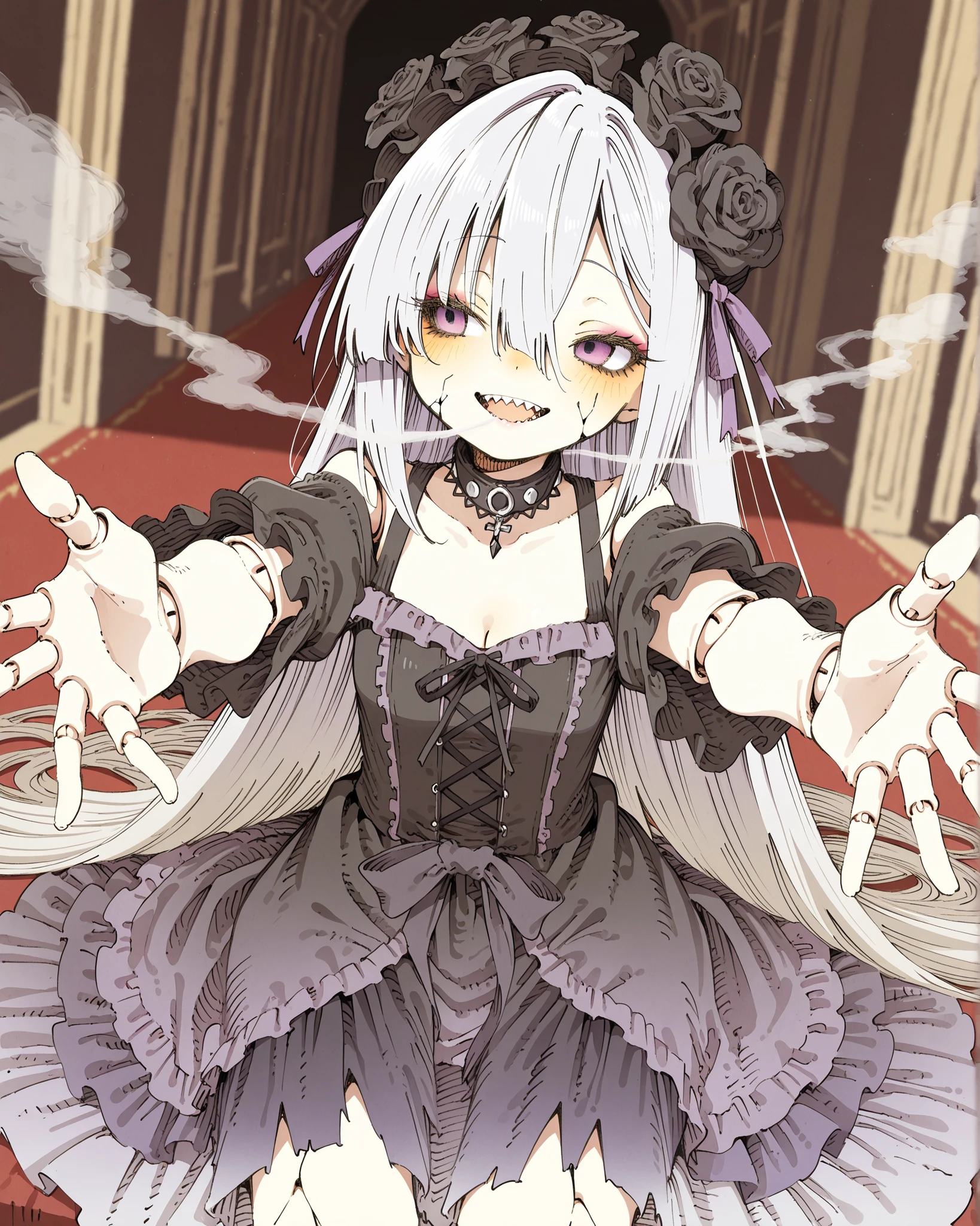 ((Abara Heiki style)), ((Masterpiece)), ((best quality, amazing quality)), ((very aesthetic, absurdres, newest)), ((detailed background, negative space, blurry background, depth of field, Asymmetrical background)), (dynamic angle, wide shot), (cinematic lighting), ((1girl, solo)), cute young Girl, (Healthy Gaunt body, Textured skin, small , cleavage, tilt head), feminine, Big eyes, (pale purple eyes, gradient eyes, hollow eyes, averting eyes, looking at side), (platinum-gold hair, silky straight hair, long hair), (hair between eyes, long bangs, long side bangs), gradient hair, blue color Hair Tip, ((makeup goth)), (open mouth wide, sharp teeth), evil smile, blush, (cute cheeks), glossy lips, pouty lips, (lower eyelashes), Beautiful collarbones, BREAK, (Black roses on head), ((Ruffled gothic dress, gradient dress, ripped skirt)), slightly exposed cleavage, (incoming hug, reaching out arms at front), loose sitting on the Ruined aristocratic house, indoor, muted colors, Dusty floors, (cracked skin, cracked face, spherical joints), (blowing smoke), Dusty, ((horror atmosphere)),