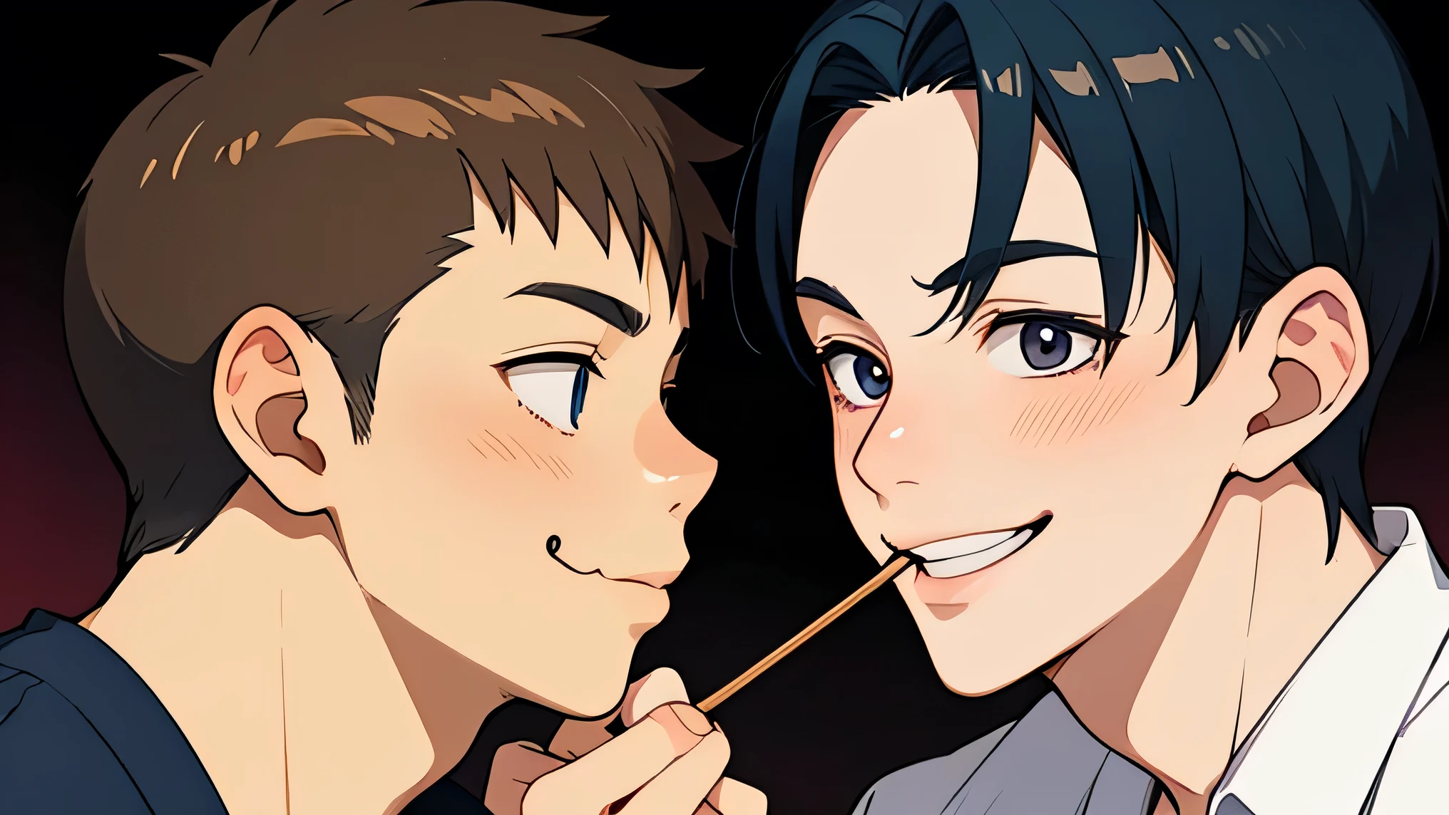 high school boys male teacher uniform two men face each other and play a Pocky game Two men stare at each other Smile Yan classrooms Make your face bigger Make your face bigger Make your face bigger A man eats one Pocky from both ends together