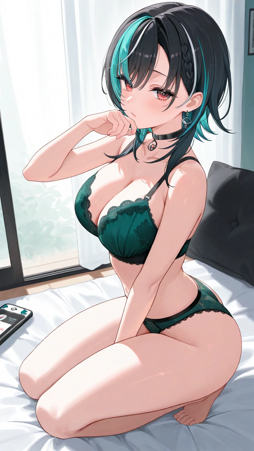 masterpiece, best quality, 1girl,  <lora:doatamaki-nvwls-v1-000009:1> doatamaki, streaked hair, black lingerie, lace trim, see-through, large breasts, sitting, spread legs, bed, looking at viewer, green eyes