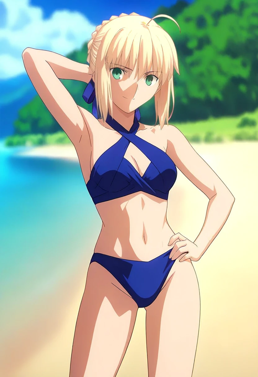 ((best quality)),((highly detailed)),masterpiece,absurdres,detailed face,beautiful face,(detailed eyes, deep eyes),1girl,((dynamic pose)),   <lora:NinnyV1:0.6>, , blonde hair, green eyes, long hair, twintails, bangs, hair ornament, thick eyebrows,bikini, small , sea waves, seagulls, ocean, horizon line, clouds, palm trees, tropical paradise, beach vacation, summer getaway, relaxed atmosphere, detailed face, beautiful eyes,  smile, teeth