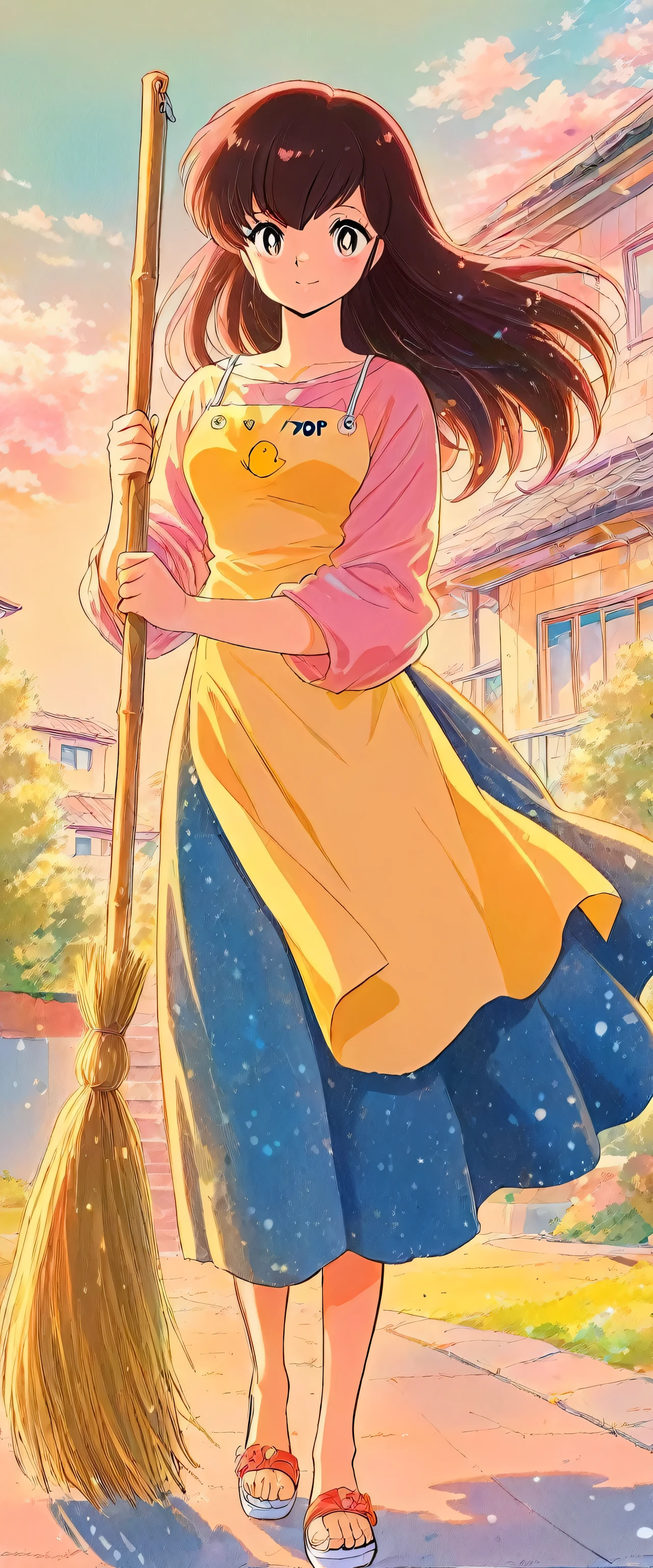 ((A bent broom)),(beautiful girl:1.3),masterpiece,Ultra-high resolution,rich contrast,Very high quality,8k,Highly detailed CG unit wallpaper,Texture,Incredibly absurd,RAW Photos,Highest quality anime,anime-style illustration,studio anime style,professional photograph,an extremely delicate and beautiful,Depth of written boundary1.2,u,backlight,miaomiao_hwm,otonashi,(The top of the yellow apron has the words "PIYO PIYO" and a picture of a cute chick.),light smile,sandals,Shabby wooden apartment,