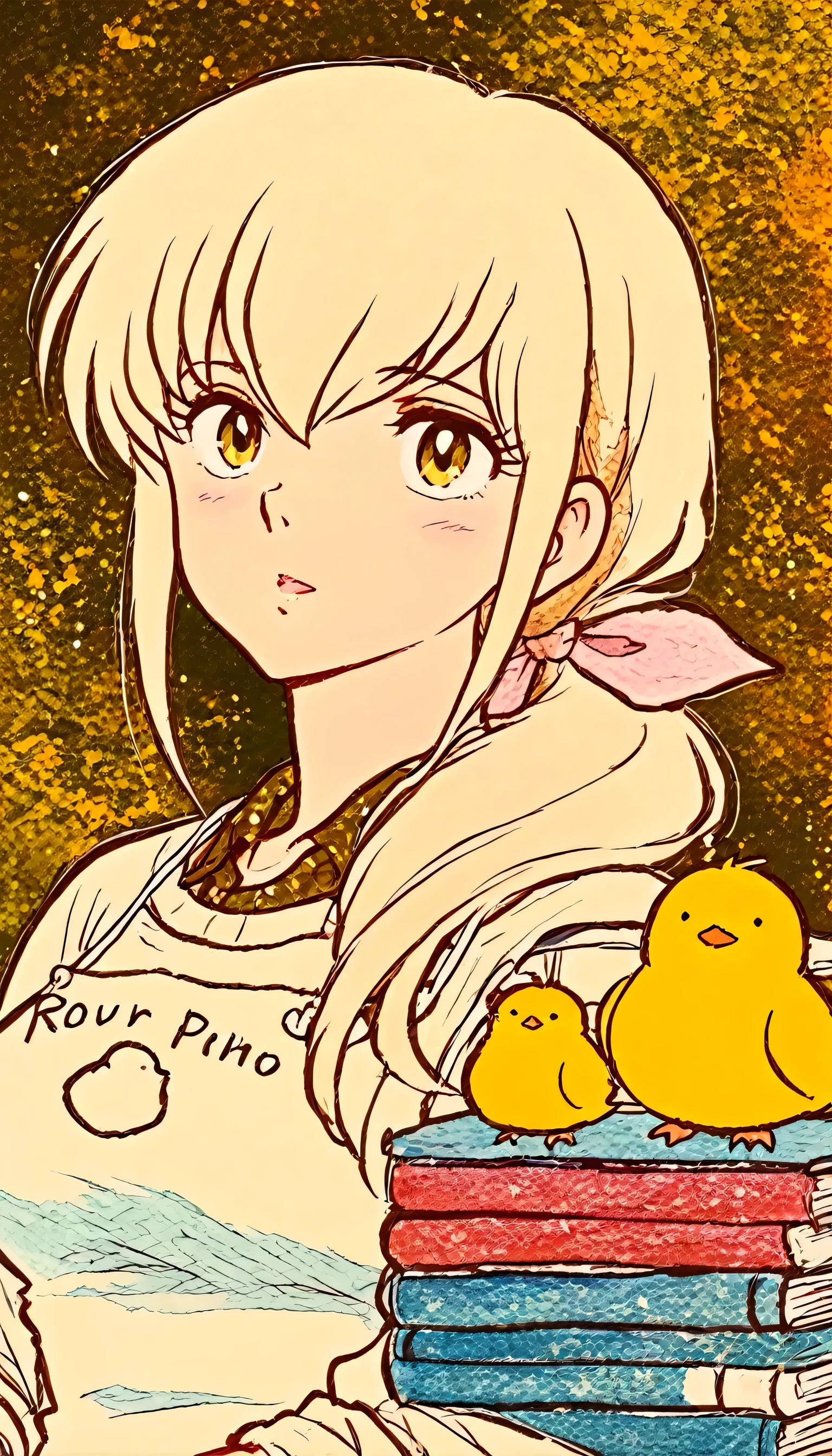 ((textured pencil sketch with grainy edges and natural tapering)),(beautiful girl:1.3),masterpiece,Ultra-high resolution,rich contrast,Very high quality,8k,Highly detailed CG unit wallpaper,Texture,Incredibly absurd,RAW Photos,anime-style illustration,studio anime style,professional photograph,an extremely delicate and beautiful,Depth of written boundary1.2,otonashi,yellow apron,Shabby wooden apartment,Looking up,Moist eyes,anxiety,(close up:1.3),(tilt your head),closed eyes,Open your mouth wide,big smile,(Her hair is tied up in a ponytail at the back, with a ribbon attached.),big breasts,almost black blue hair,low ponytail,"PIYO PIYO" text on apron,Yellow chick in an apron