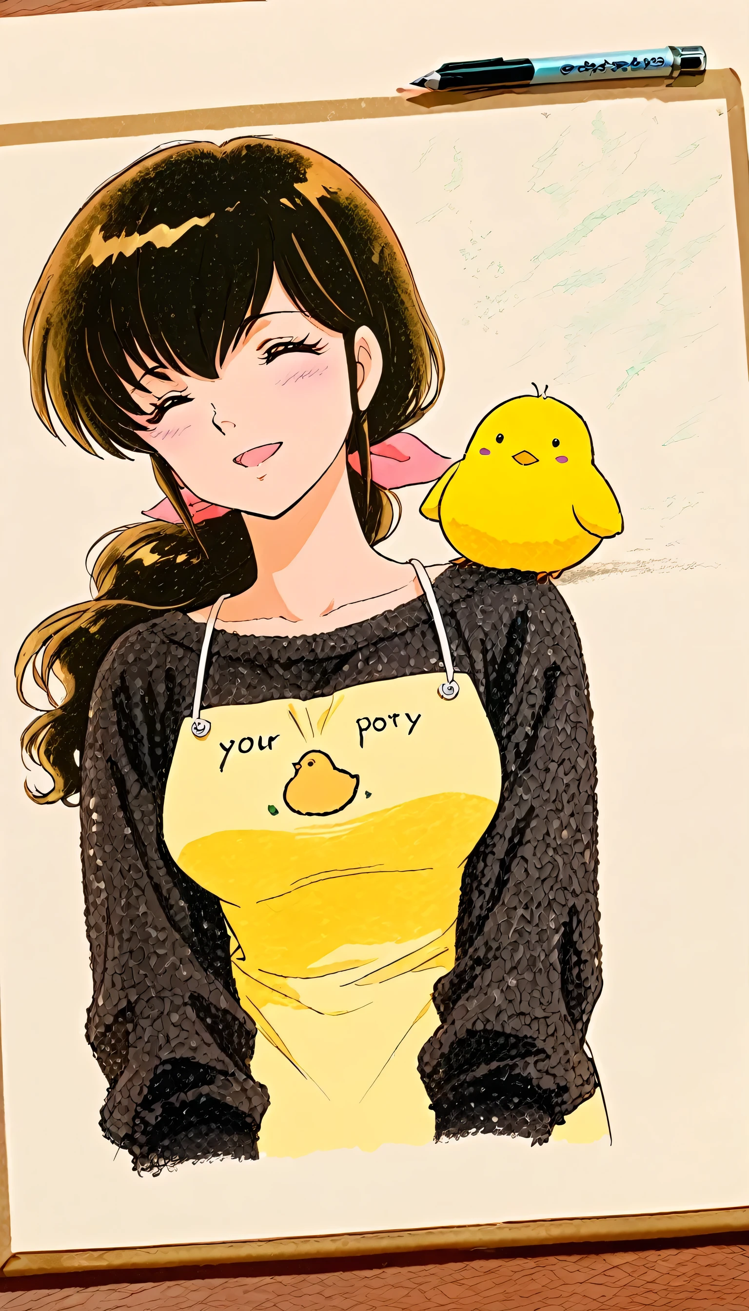 ((textured pencil sketch with grainy edges and natural tapering)),(beautiful girl:1.3),masterpiece,Ultra-high resolution,rich contrast,Very high quality,8k,Highly detailed CG unit wallpaper,Texture,Incredibly absurd,RAW Photos,anime-style illustration,studio anime style,professional photograph,an extremely delicate and beautiful,Depth of written boundary1.2,otonashi,yellow apron,Shabby wooden apartment,Looking up,Moist eyes,anxiety,(close up:1.3),(tilt your head),closed eyes,Open your mouth wide,big smile,(Her hair is tied up in a ponytail at the back, with a ribbon attached.),big breasts,almost black blue hair,low ponytail,"PIYO PIYO" text on apron,Yellow chick in an apron