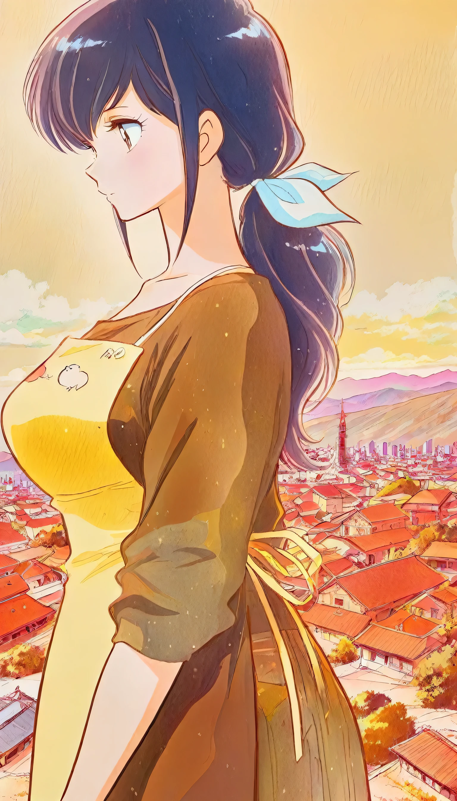 ((textured pencil sketch with grainy edges and natural tapering)),(beautiful girl:1.3),masterpiece,Ultra-high resolution,rich contrast,Very high quality,8k,Highly detailed CG unit wallpaper,Texture,Incredibly absurd,RAW Photos,anime-style illustration,studio anime style,professional photograph,an extremely delicate and beautiful,Depth of written boundary1.2,otonashi,yellow apron,Looking down on the city from the top of the hill,(from side:1.3),(Her hair is tied up in a ponytail at the back, with a ribbon attached.),big breasts,almost black blue hair,low ponytail,Looking down on the city from the top of the hill,overlooking,(magnificent panorama view:1.3),