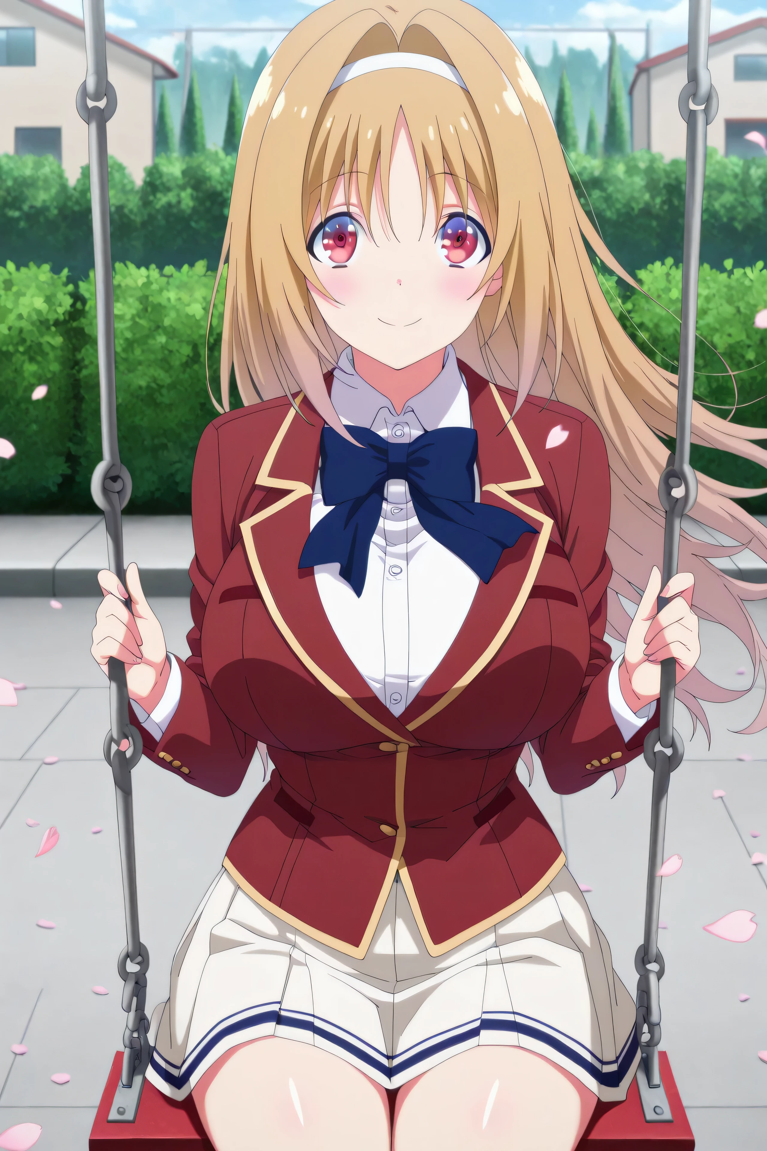 masterpiece, best quality, quality like for her eyes, so for her hair,,    kikyo kushida  , long hair, blonde hair, red eyes, hair band,  hair suction, loving smile,  Bright blush , , shirt, long sleeves, school uniform, jacket, white shirt, blazer, red blazer,, white skirt,,big ,,  swing , sitting on a swing, day, sidewalk, private houses, green bush, day, wind, sakura petals, sakura petals на ветру, cowboy shot, One, looks at the viewer, One , Soft thighs