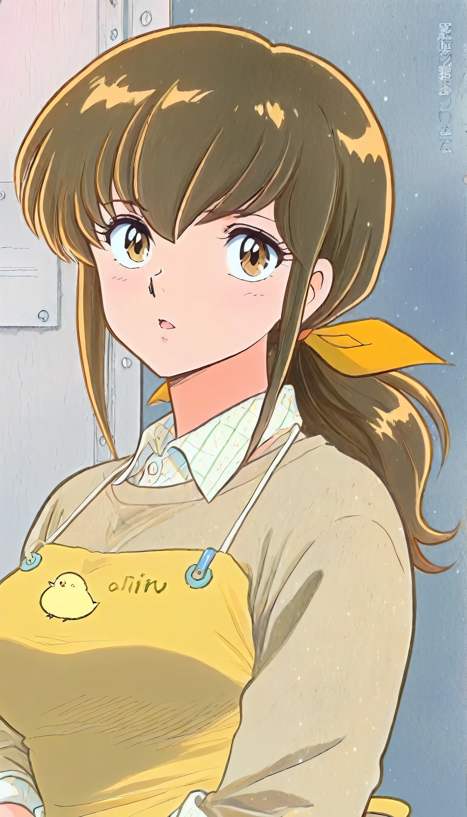 ((textured pencil sketch with grainy edges and natural tapering)),(beautiful girl:1.3),masterpiece,Ultra-high resolution,rich contrast,Very high quality,8k,Highly detailed CG unit wallpaper,Texture,Incredibly absurd,RAW Photos,anime-style illustration,studio anime style,professional photograph,an extremely delicate and beautiful,Depth of written boundary1.2,otonashi,yellow apron,Shabby wooden apartment,Looking up,Moist eyes,anxiety,(close up:1.3),(tilt your head),closed eyes,Open your mouth wide,big smile,(Her hair is tied up in a ponytail at the back, with a ribbon attached.),big breasts,almost black blue hair,low ponytail,"PIYO PIYO" text on apron,Yellow chick in an apron