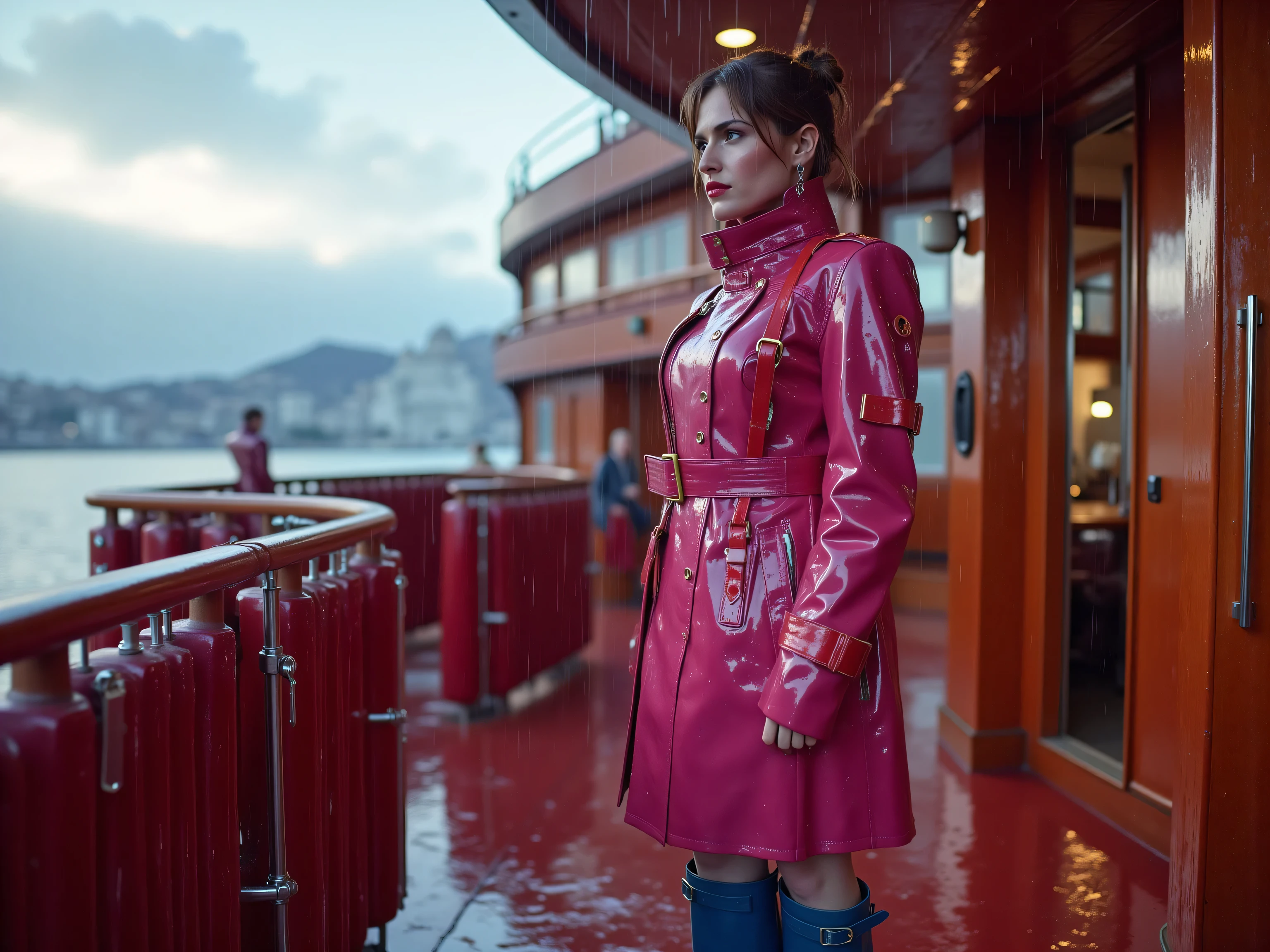 a 57 year old woman stands on the balcony of a cruise ship, her jacket is light pink vinyl GothTrench with bright red straps, the jacket has light splatters of salt stains, the jacket has tiny water droplets on it, it is raining lightly, the woman wears blue rubber boots, the ship is futuristic with curved design, dark wood and rustic atmosphere, at sunrise