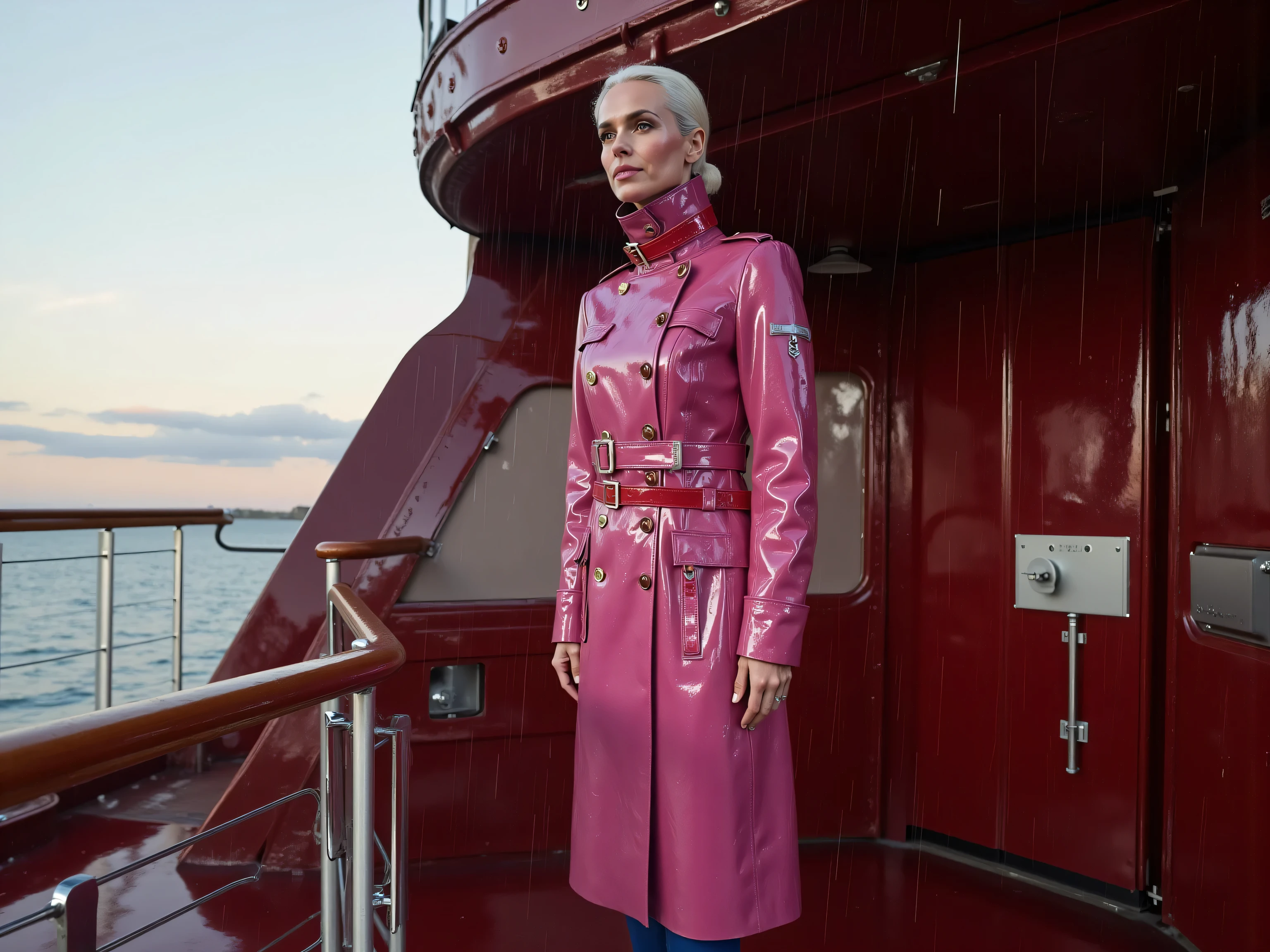 a 57 year old woman stands on the balcony of a cruise ship, her jacket is light pink vinyl GothTrench with bright red straps, the jacket has light splatters of salt stains, the jacket has tiny water droplets on it, it is raining lightly, the woman wears blue rubber boots, the ship is futuristic with curved design, dark wood and rustic atmosphere, at sunrise
