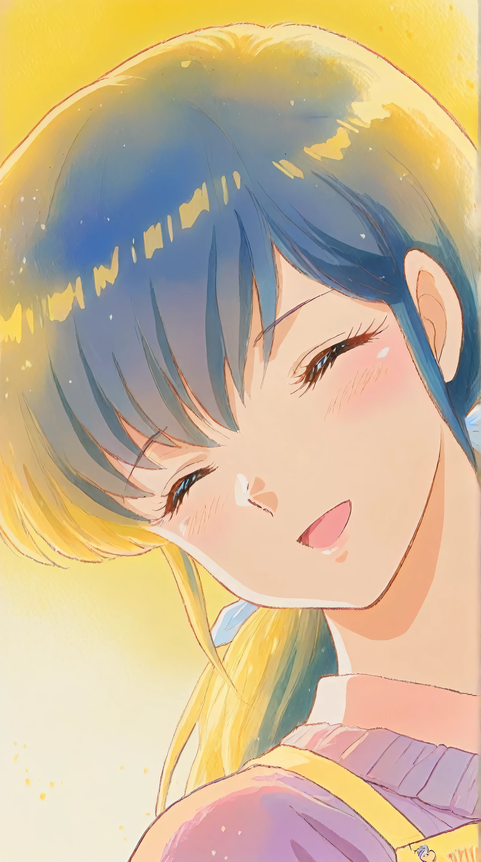 ((textured pencil sketch with grainy edges and natural tapering)),(beautiful girl:1.3),masterpiece,Ultra-high resolution,rich contrast,Very high quality,8k,Highly detailed CG unit wallpaper,Texture,Incredibly absurd,RAW Photos,Highest quality anime,anime-style illustration,studio anime style,professional photograph,an extremely delicate and beautiful,Depth of written boundary1.2,backlight,miaomiao_hwm,otonashi,The yellow apron ,almost black blue hair,light purple sweater,big smile,pale yellow background,closed eyes,Open your mouth wide,happy,((tilt your head)),(extreme close-up:1.5),(Her hair is tied up in a low ponytail at the back, with a ribbon attached.),