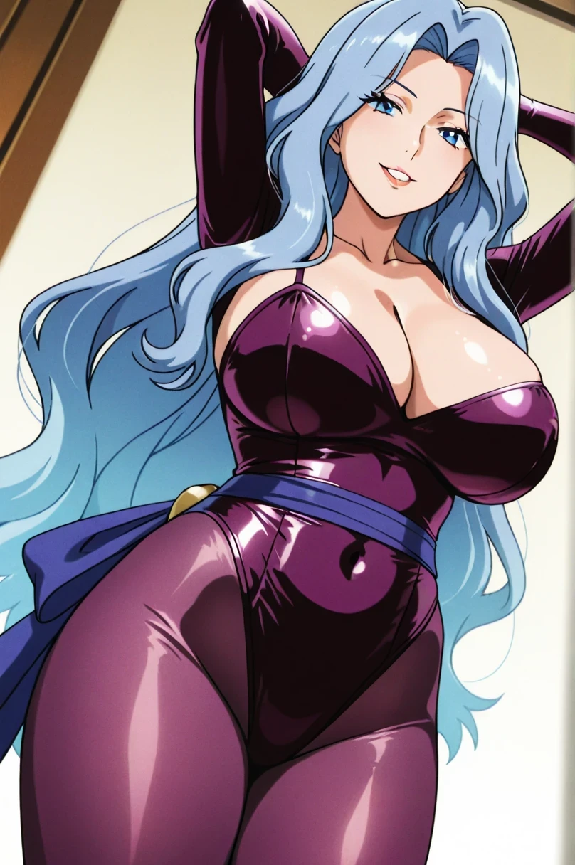 傑作、best quality、best resolution、best image quality、amazing quality、 very aesthetic、 absurdres、anime coloring、anime screencap 、anime screenshot 、1woman 、 <lora:KarenPokemon_illustrious_v1:1> 、KarenPokemon 、 solo 、light blue hair 、very long hair 、light blue eyes 、parted bangs 、parted lips 、juicy lips 、very large breasts 、cleavage 、large boobs 、large tits 、mature female 、collarbone 、deltoids 、purple leotard 、collarless、long sleeves 、outfit:leotard 、high leg cut leotard、purple pantyhose 、catsuit 、Catsuit style processing 、cyan sash 、sash 、tight leotard 、tight pantyhose 、seamless 、purple high heels 、tall woman 、standing 、cowboy shot 、looking at viewer 、female focus 、dutch angle 、smile、elegant、elegant smile、sexy smile、smug、evil smile、cat's eye style、