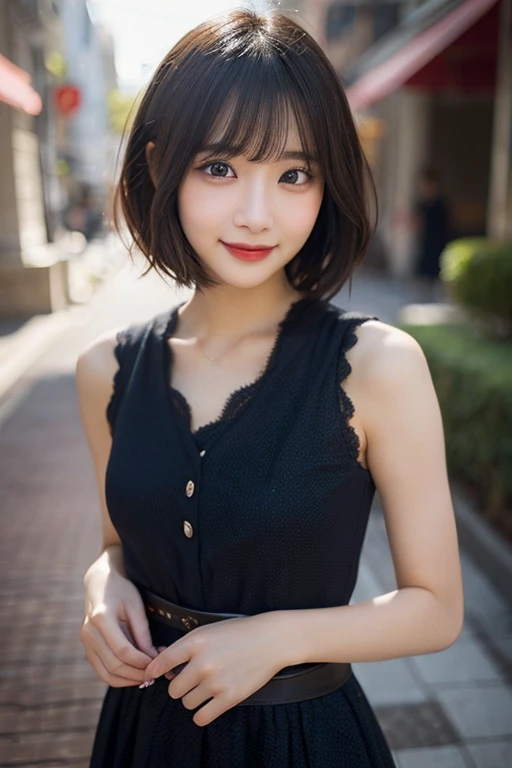 
(Highest quality, masterpiece, Ultra-high resolution, 8K, RAW Photos, Realistic, Anatomically correct:1.5), (Stainless steel round bar fence:1.0, 20-year-old girl:1.2, Embarrassing, avert your eyes, blush:1.0, View Viewer, Outside the waterfront, Light:1.2, シティLight, Bokeh, Cinema Lighting:1.0, Depth of written boundary, sharp、Idol、Cute face、Black short sleeve lace top、Black tulle skirt、Black clothing、”dwarf”、(Floral clothes)、Full Body Shot、(Straight bangs)、(Ultra short hair、Berry Short)、((See-through))、 smile、((One person))、