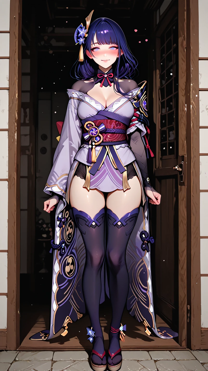 (((raw photo))), (realism: 1.3), (masterpiece), (best quality), super high resolution, (best illustration), photon mapping, radiosity, best shadows, full body , (), heavy breathing, trembling, steaming body, sweat, plump thighs, lying on the bed, (((natural light))), backlighting, 1girl, (purple long hair, single braid, blunt bangs), Purple headdress, purple kimono, beautiful detailed purple eyes, blushing, light smile, , thighs, black stockings, high heels. Looking at the viewer, smooth, (bokeh: 1.4), shot with Nikon d850, Nikon AF-S Nikkor 58mm f/1.4G lens,