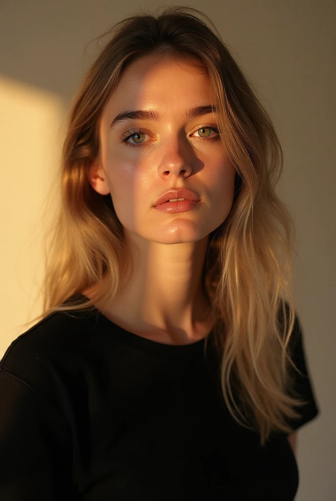 un contact visuel d'une blonde et au thème sombre, vêtements transparents noirs, bien formée, instagram, tiktok, viral