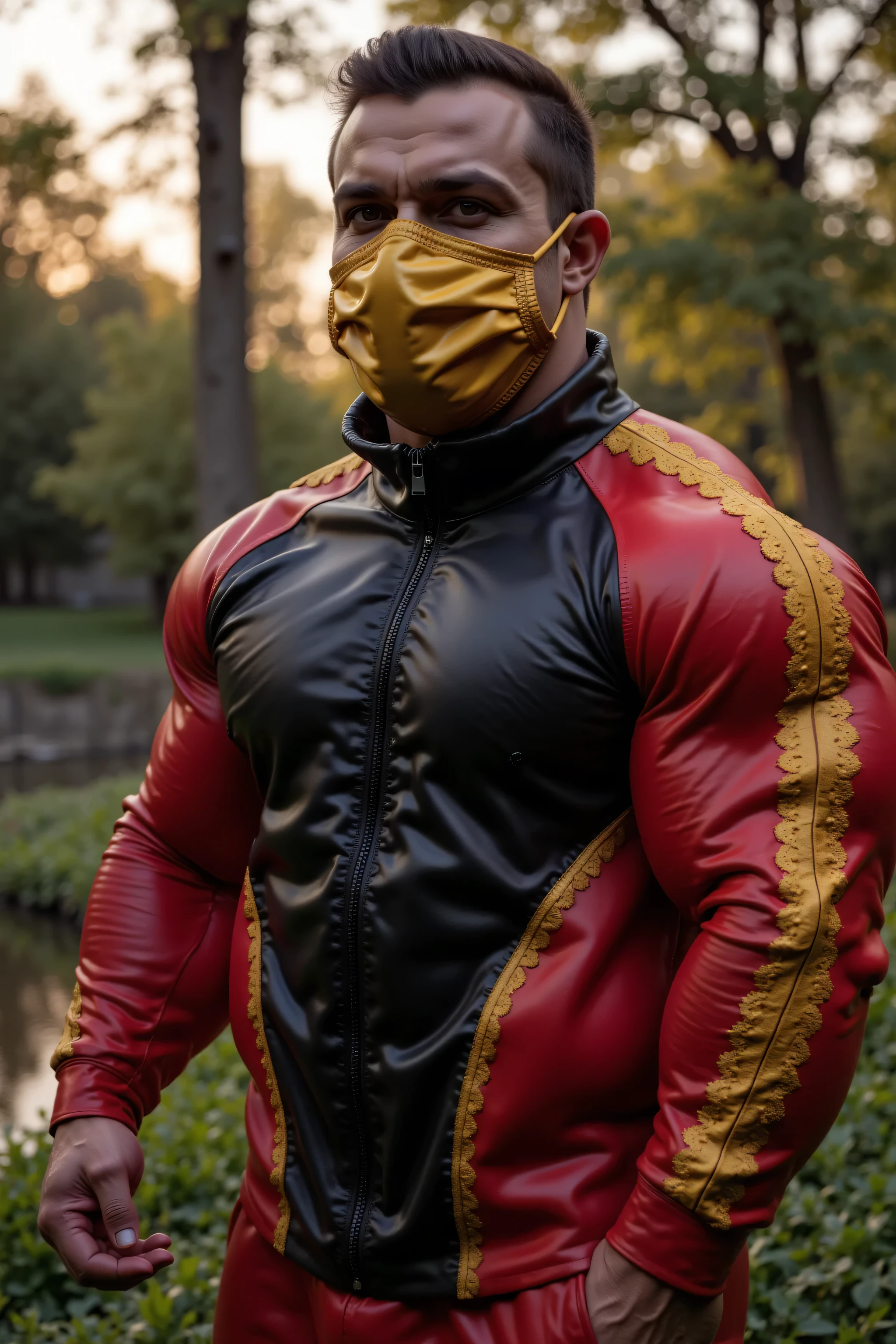 a wide angle portrait of Fluxbodybuilder weighing 280 pound 58 years old with moustache, dark hair, wearing a red and black AmyLthrsLcJkt with lace details along the sides of the trunk of the jacket that are yellow lace, the sleeves have gold lace detail, the man wears a shining polished gold rubber latex surgical face mask, the man stands outside of a forest at sunrise, the man is near a lake