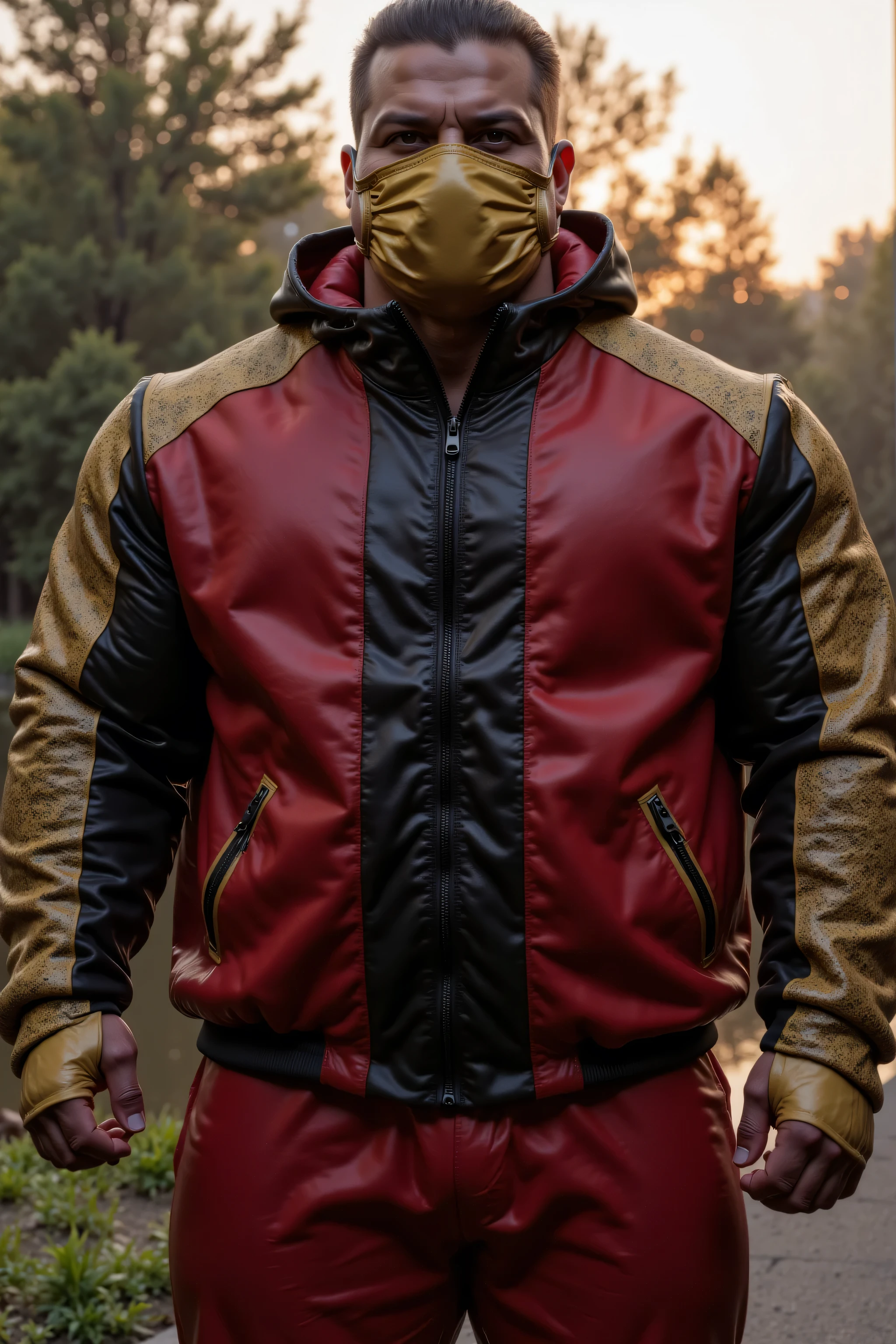 a wide angle portrait of Fluxbodybuilder weighing 280 pound 58 years old with moustache, dark hair, wearing a red and black AmyLthrsLcJkt with lace details along the sides of the trunk of the jacket that are yellow lace, the sleeves have gold lace detail, the man wears a shining polished gold rubber latex surgical face mask, the man stands outside of a forest at sunrise, the man is near a lake