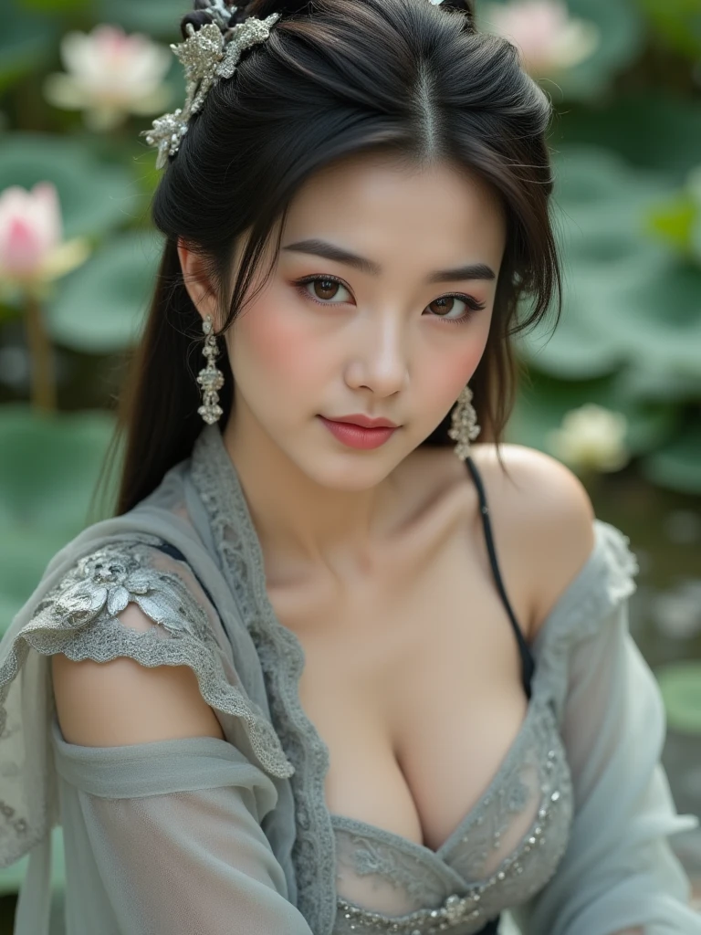 Fashion model 30 years old [[[[closeup cleavage]]]], [[[[boobgasm]]]], [[[[coll]]]], [[[[bshoulders]]]], perfect  eyes, Perfect iris，Perfect lips，perfect teeth，Perfect skin，Long face，Soft front light，hdr，Movie girl，Long black hair，Pink period costume，exterior，Behind him are green leaves and flowers，（pastel colour：1.2）