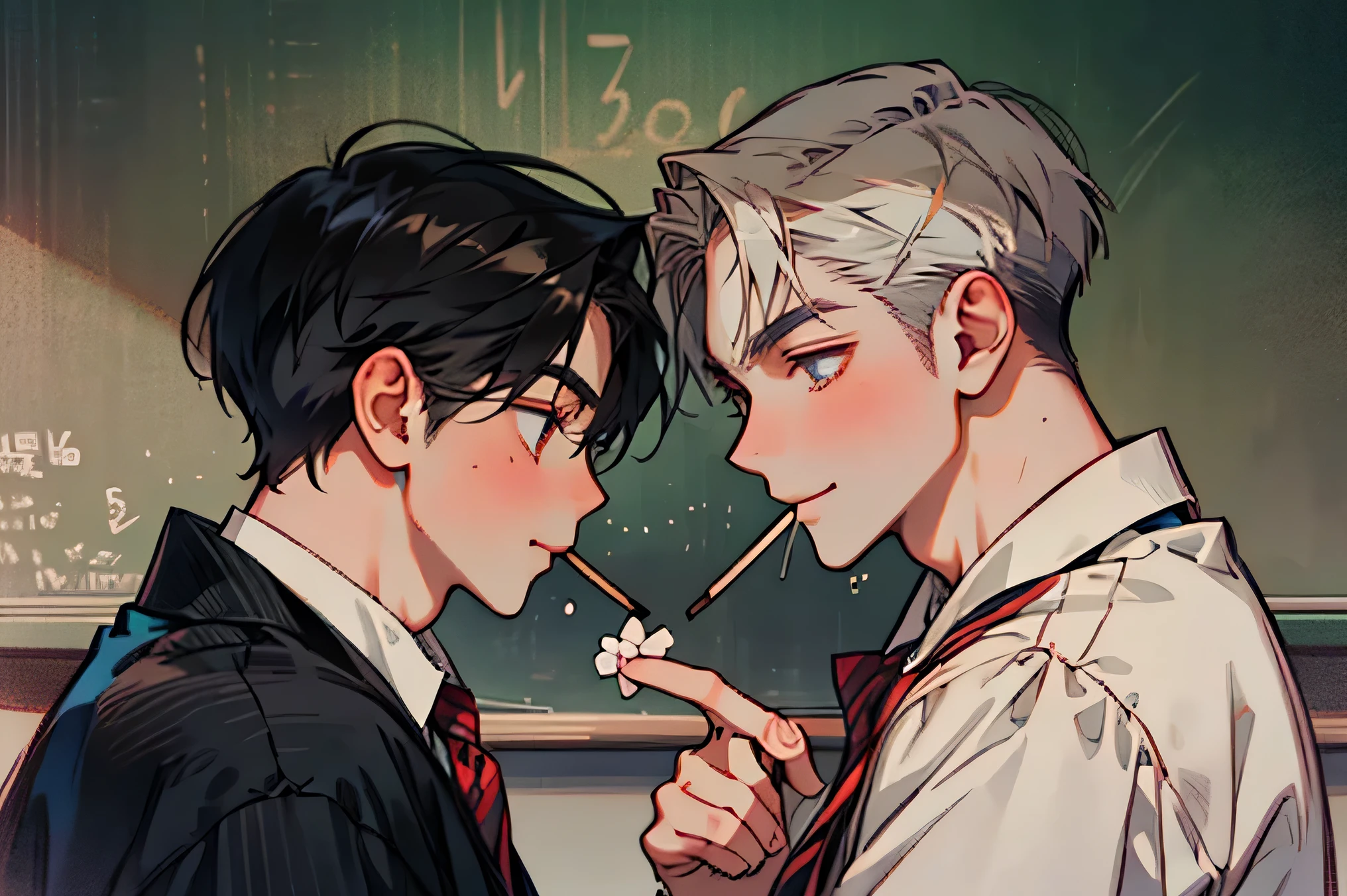 high school boys male teacher school uniform two men face each other and play a Pocky game Two men stare at each other Smile Yan classrooms Make your face bigger Make your face bigger Make your face bigger man eats one Pocky from both ends