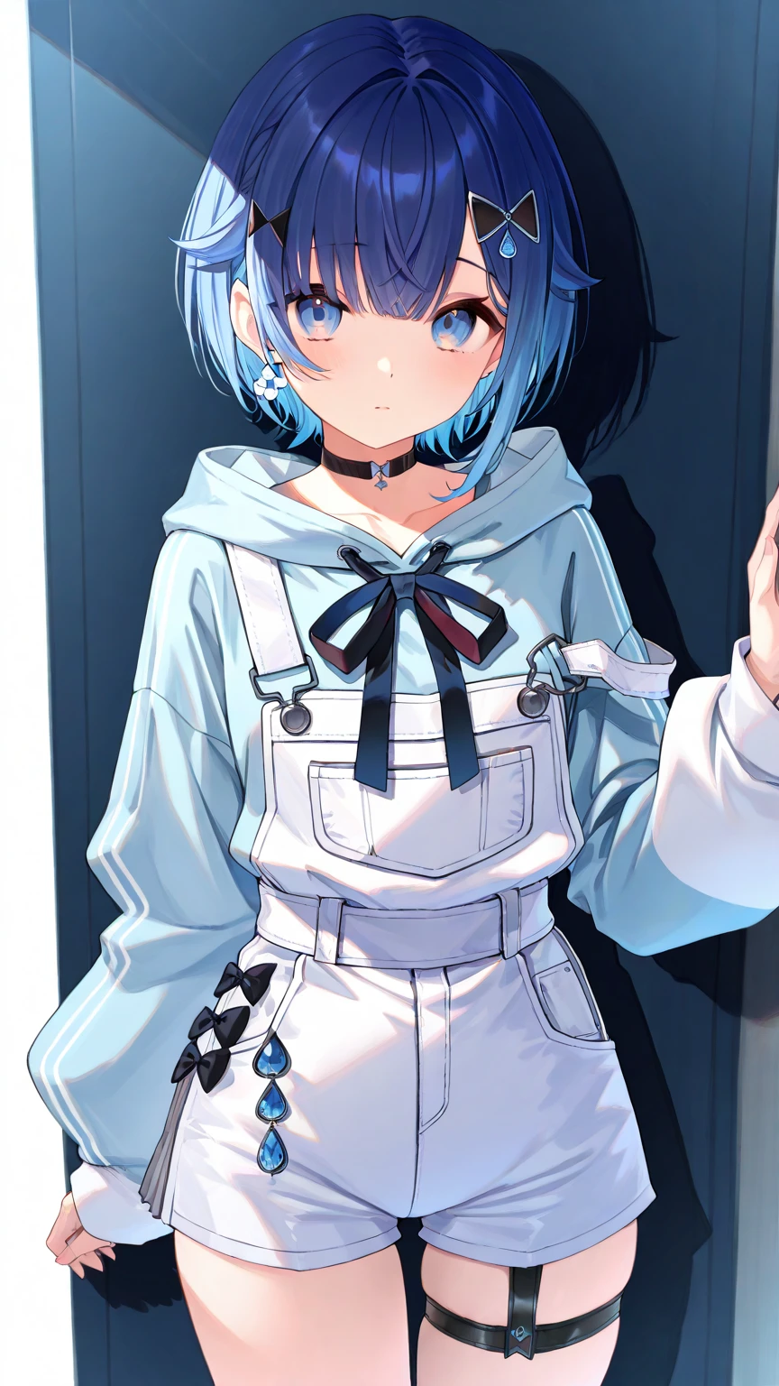 tsumugi kokage, blue hair, short hair, hair ornament, hair flower, choker, hoodie, white overalls, overall shorts, thigh strap, masterpiece, best quality, score_9,,<lora:LCMTurboMix2fix:1>,