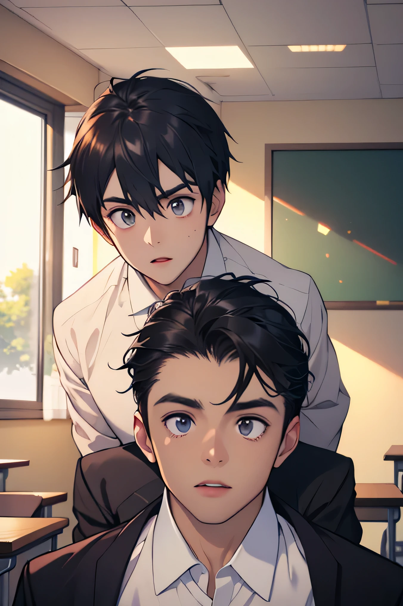 handsome　dark haired　Two adult males　　high school boys　uniform　　　 male teacher　　　The two are having a conversation　　classrooms　Make your face bigger　Two adult males