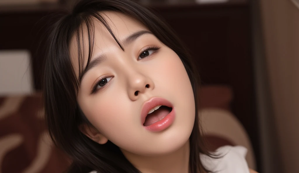 (((shoot from above, , ,  , ))), masterpiece, photo, realistic, high quality, 8K, 1girl, very young girl, 1boy, ,  girl, on bed, (((closed eyes, scream with , look at viewer))), close up face,(((,  on face,  ,  on tongue,  string))),