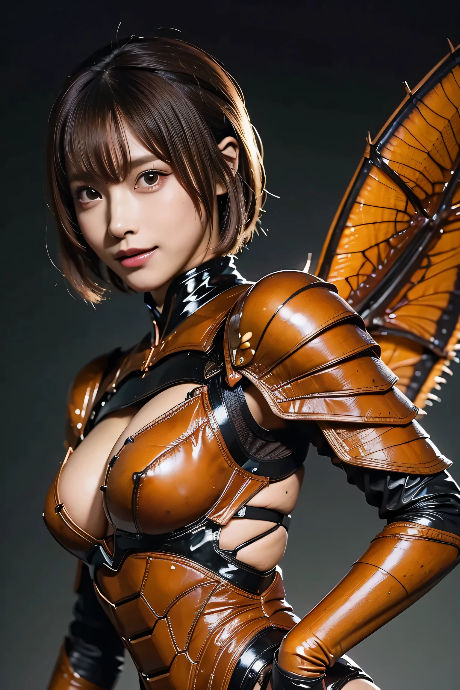 masterpiece、 best quality、 high resolution、 more details、Super Shiny、Oily luster、ゴキブリと女性のFusion、 female cockroach morphology 、Cockroach woman 、Fusion、Operation Alone、 gals、 Perfect Female Ratio 、 evil smile、 cute、Cockroach Antennae 、ゴキブリと外骨格スーツのFusion、 dark mahogany skin 、Short Hair、Crustaceans、 arthropod 、 enemy hideout background 、 evil organization style background