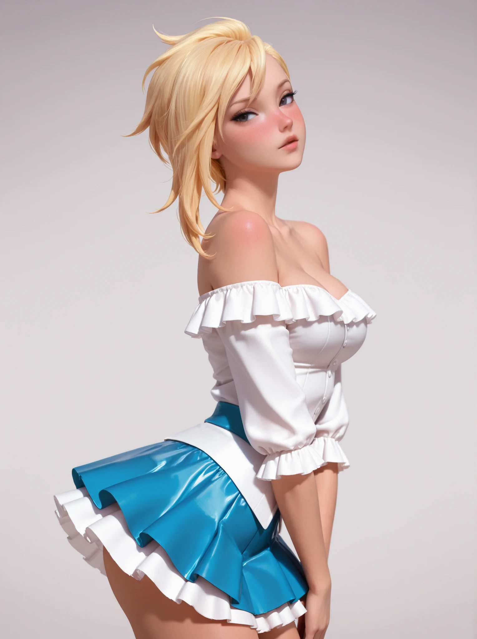 masterpiece, High Quality, ultra detailed, beautiful detailed face, anime, ultra high resolution, 8K, Alone, , slender, medium breasts, idol costume, off-the-shoulder blouse, Miniskirt, highly detailed skin Blush, seductive eyes, spectator watching, Standing, from the side, upper body,Fionna the Human