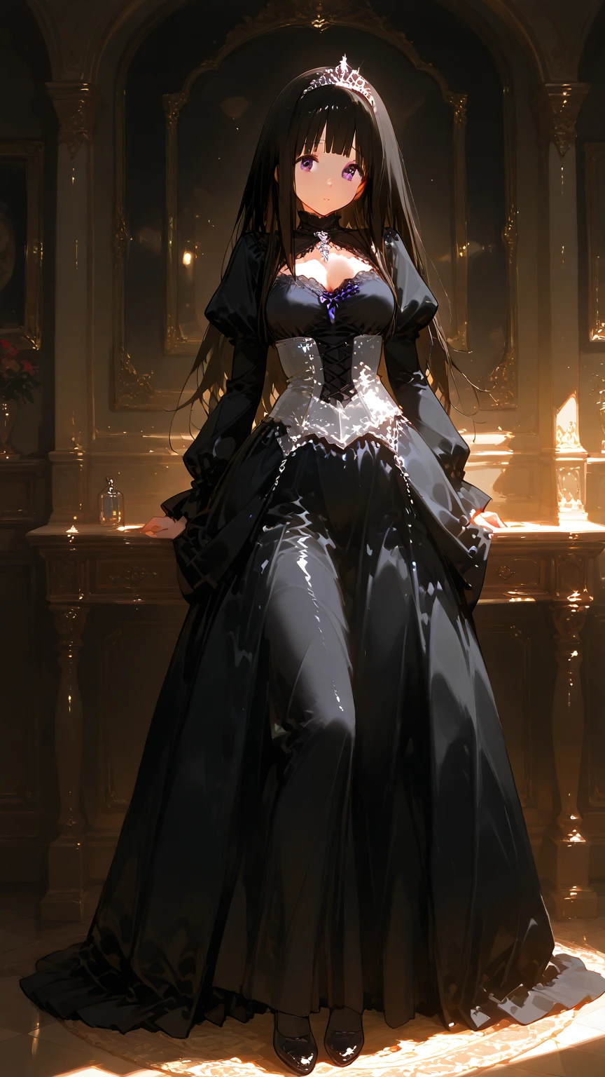 undefined, hot princess walking down the aisle in a black dress , she has very big breasts.glued castle corridor 