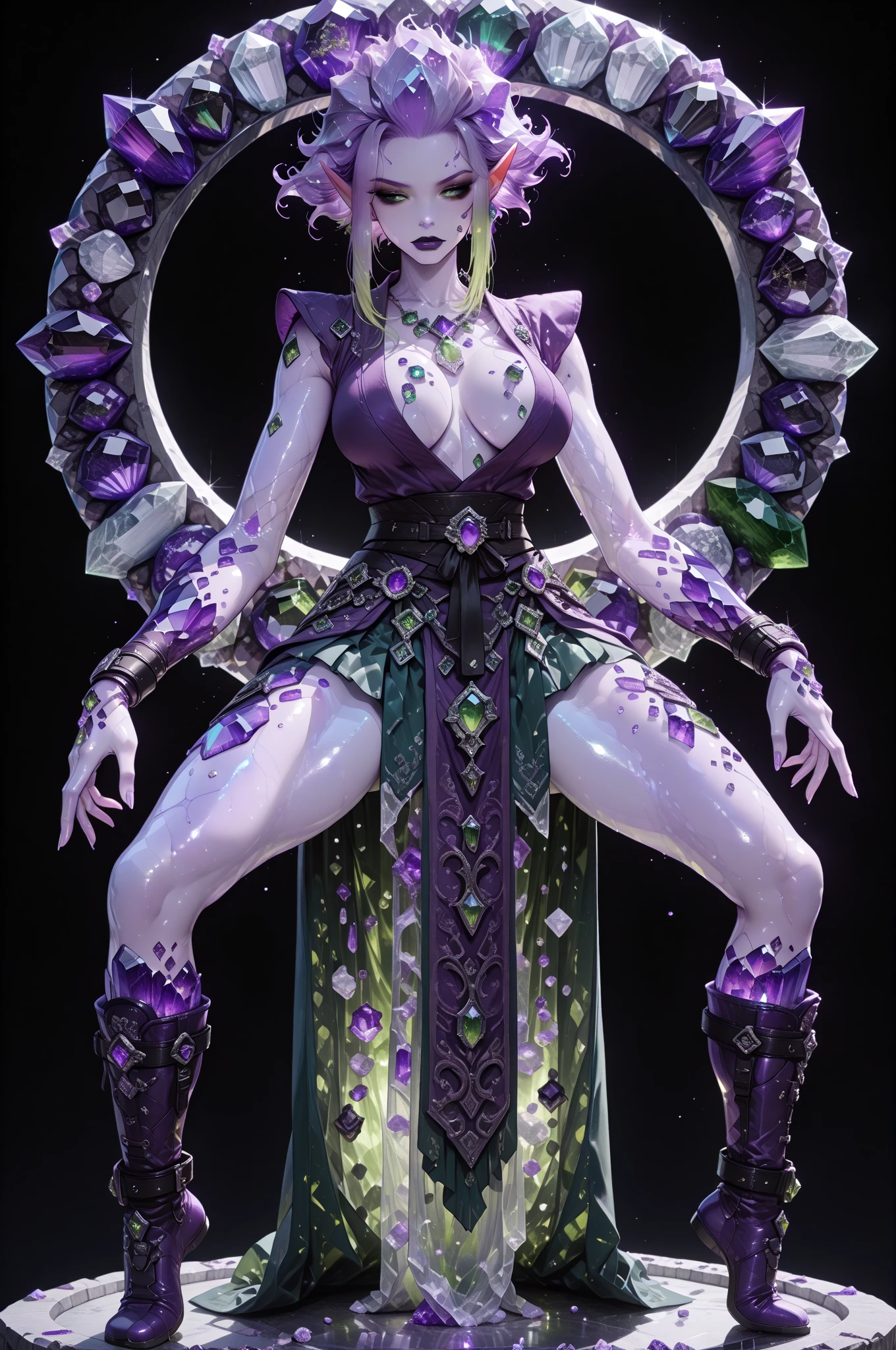 A  80-year-old witch with an evil laugh holds a rainbow-colored crystal staff in a magical dreamy forest in shades of gray , Pixar 3D анимация, High Details, High Resolution