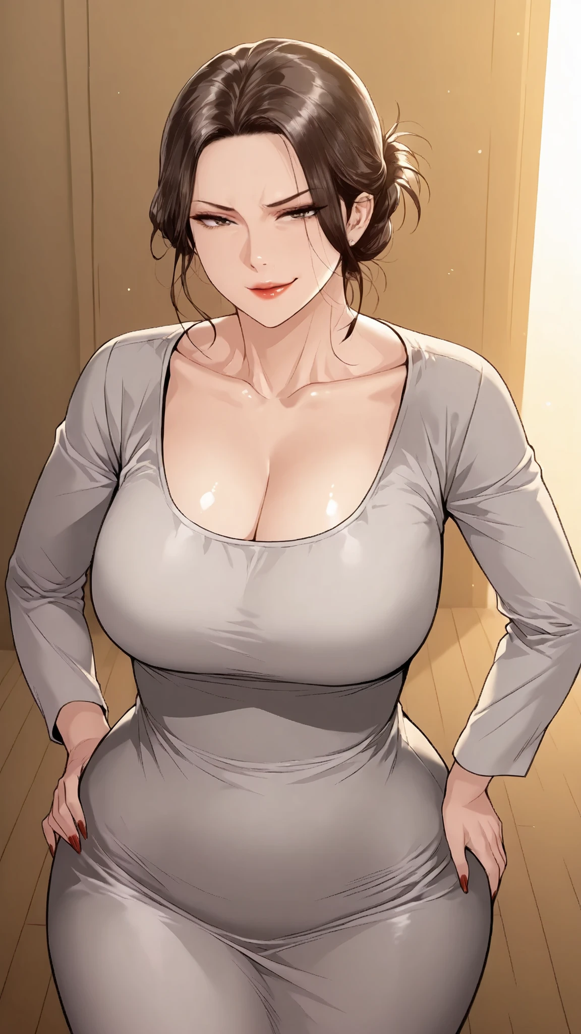 ,realistic anime shading style, high quality, smooth textures, gentle glow, warm and cohesive atmosphere, standing, (hands_on_hips: 1.1), Medium Full Shot, waist length, front turned, viewed from front, looking at viewer, 

solo, aimee, slightly half-lidded eyes, (smirk: 1.3), horny eyes, horny expression, seductive, seduction, sexy, mature lady, big breasts, wide hips, thick thighs, large ass, round ass, thick lips, nail polish, grey full sleeve maxi dress, grey maxi, cleavage,

room, warm wooden floor tones, cinematic sunlight streaming into the room, warm glossy lighting, brown-orange color palette, high contrast highlights on skin and surfaces, soft ambient shadows, subtle reflections, dynamic light balance, manhwaaxl, lips,