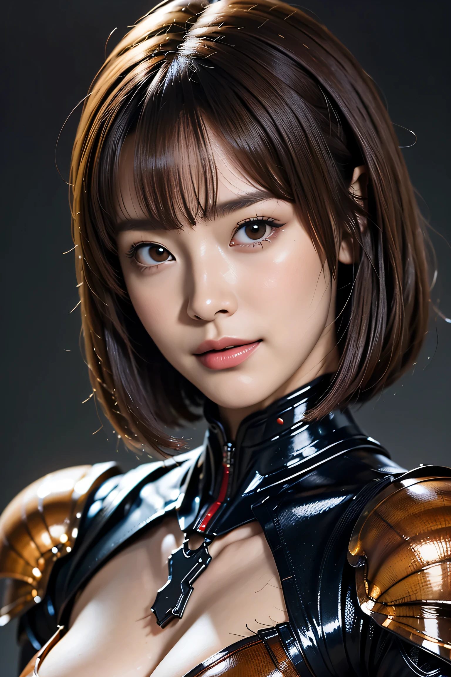 masterpiece、 best quality、 high resolution、 more details、Super Shiny、Oily luster、ゴキブリと女性のFusion、 female cockroach morphology 、Cockroach woman 、Fusion、Operation Alone、 gals、 Perfect Female Ratio 、 evil smile、 cute、Cockroach Antennae 、ゴキブリと外骨格スーツのFusion、 dark mahogany skin 、Short Hair、Crustaceans、 arthropod 、 enemy hideout background 、 evil organization style background