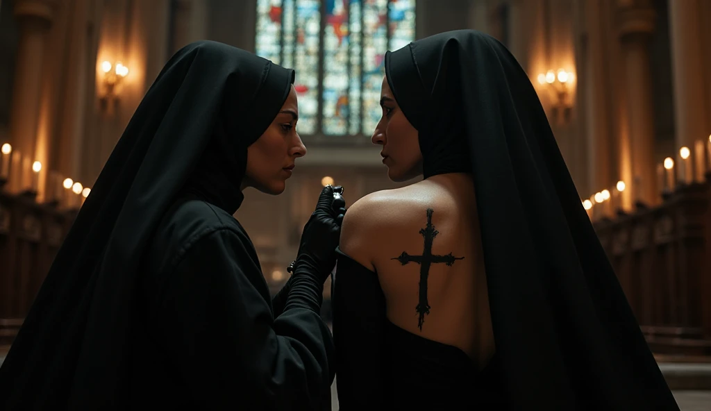 (Tabletop:1.2, Highest quality:1.2), 32k HDR, High resolution, ((Two contrasting women)),((Two women in love)),((Two women hugging each other)),Japanese women,(Tattoo),Goth Punk Haircut, Flat bangs, Outdoor,Black lipstick, Medium , Earrings,Crouching posture,両足を開いてsquat,Show off your crotch,Both arms are chained,Handcuffs,One is blonde,Dimly lit room,ruins,squat,Embarrassed, moist eyes,Sad expression,Looking into the camera,Very beautiful eyes, Flat Chest,Tragic,A fleeting expression,((全身にTattoo)),(Deep Kiss),(Constraints),(rope),(Bondage),(ropeで縛られている),(Tortoiseshell binding),commit,suck,lick,(Hanging),((Nuns'Clothing)),she'On the altar of the chapel,((Inside the chapel)),(ruinsの礼拝堂),Stained glass,((Cross Necklace:1.2)),((Offer a prayer)),