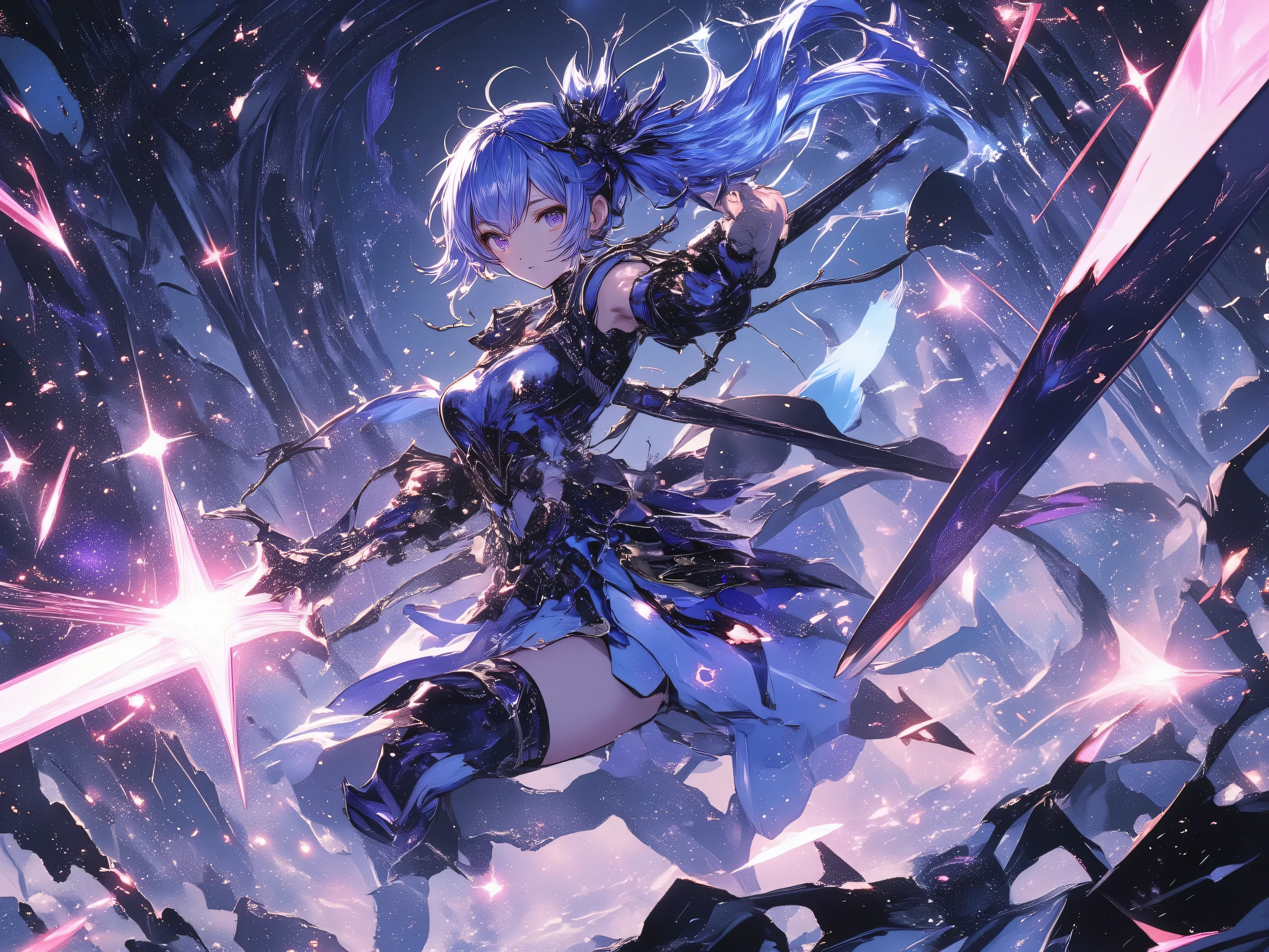 star、star、star、star空の背景に水墨画で描く、starが煌めく線画、High Quality、high image quality、Osmudging Outline、流れるstar、female adventurer wielding a super huge sword、dynamic depiction、precise depiction、starの輝度で表現、Accurate body structure