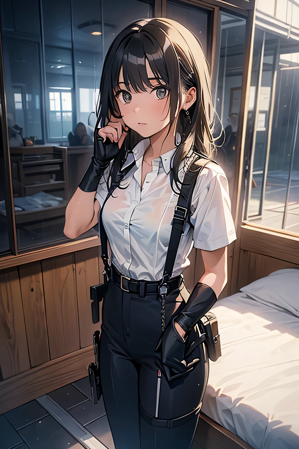 ​masterpiece、flat-colors、depth of fields、lens flare 1 girl、、Brown hair、watching at viewers　　　black suspenders　　　Bulging big breasts　　 　 　　　walls: 　Black 　garters　　　　　　Gaze　　　Small face　bangss 　　　holster　　Belt Armament　Beautuful Women　srestrained　hands up　Lying in bed　Leg holster lying on the bed　　Gaze 　Black boots