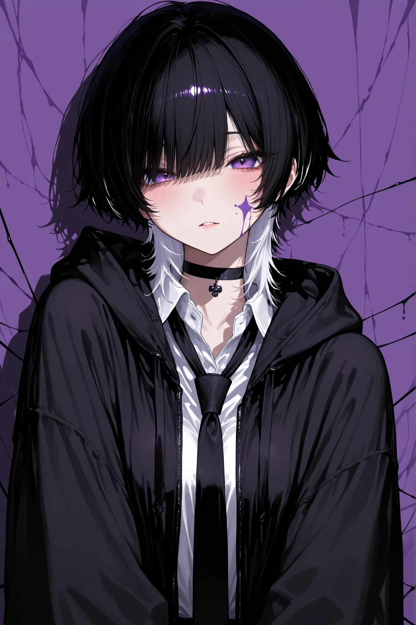 top quality、ultimate detail、1 Girl、boyish shorts、Black hair main、White highlights on bangs、boyish hair、White mesh、wolf cut、short layered、tingling texture、thread、tight bang、fur tip jaggy、Gradation of White and Black、clear eyes、purple eyes、Cool Gaze、 Sharp-looking、pretty profile、school uniform、black open front hoodie、do not interfere unless the choker、black tie、Dancing in the Wind、the background is white、dynamic angles、upper body shot、high image quality、8k resolution、Studio Animation、high contrast on the face、best esthetics、