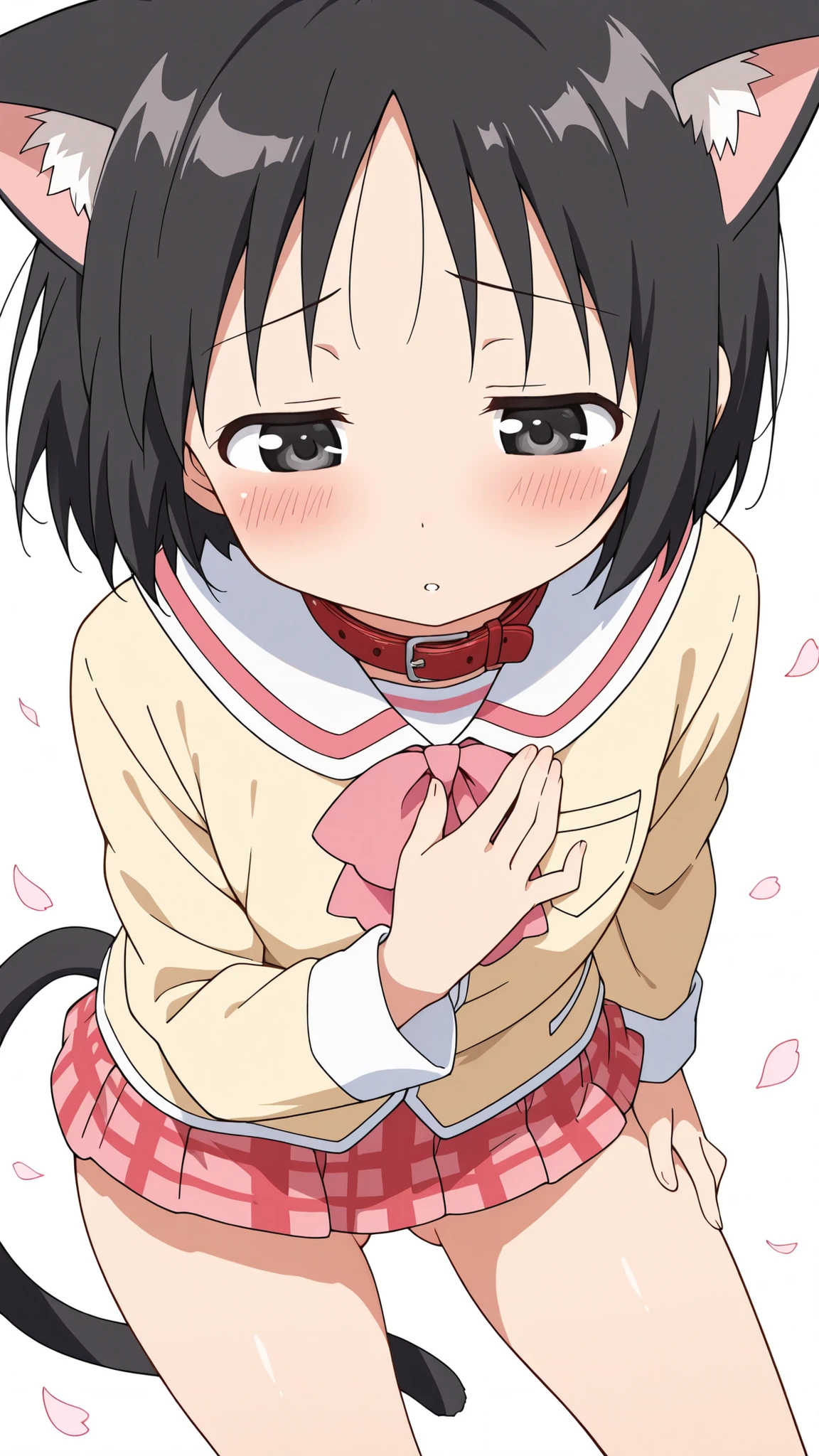 ((from above)),((fidgeting)),((face focus)),nsfw,((anime syale)),score_9, score_8_up, score_7_up, source_anime,shinonome nano,yasuna oribe,short hair, (black eyes),half-closed eyes,(black hair),black Cat ears,black Cat tail,((red leather collar)),(white background),1woman,((cat's tail)),(((solo))),((((mini skirt)))),(ass visible through thighs),(((A glimpse of her thighs))), long sleeves, school uniform, plaid, red skirt, plaid skirt, tokisadame school uniform,((hand on chest)),(downward-facing face),((looking down)),((blush)),((hand on own ass)),Flying petals,(long eyelashes),
embarrassing,parted lips,(((contrapposto))),leaning forward,wind
