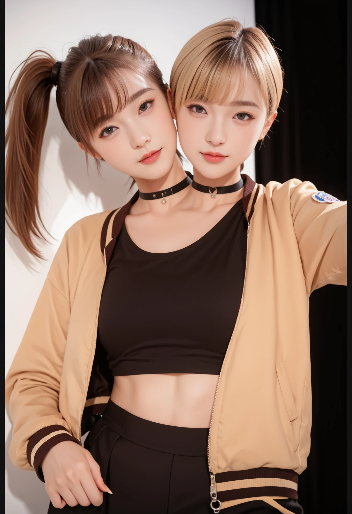 ,best resolution, 2heads,  half-body shot, korean woman with two heads , brown hair, blonde,  forehead, fringe bangs, chokers, different hairstyles, pixie cut and ponytail,  different faces, varsity jacket, stage background, detailed skin