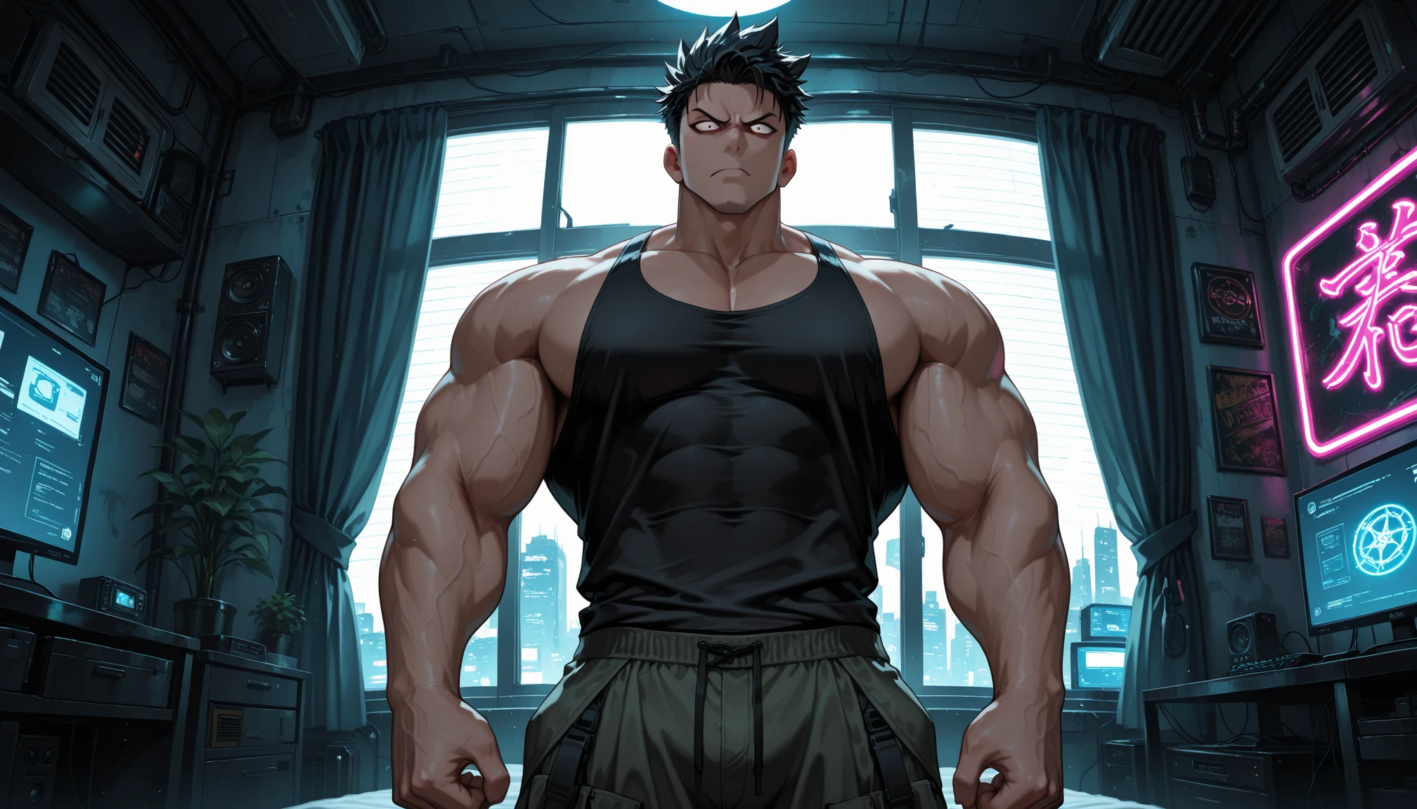 A detailed drawing of Vegeta training intensely in a bodybuilding gym.