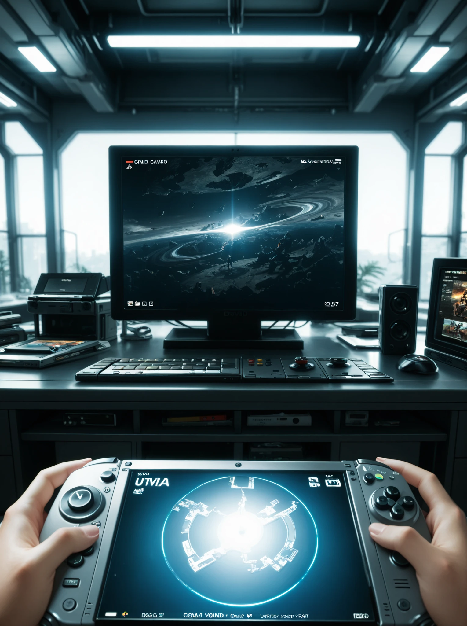 masterpiece, High Quality, ultra detailed, beautiful detailed face, anime, ultra high resolution, 8K,2d,((Inside a video game)),border of the image of a console,Futuristic video game,futuristic console,video game character,