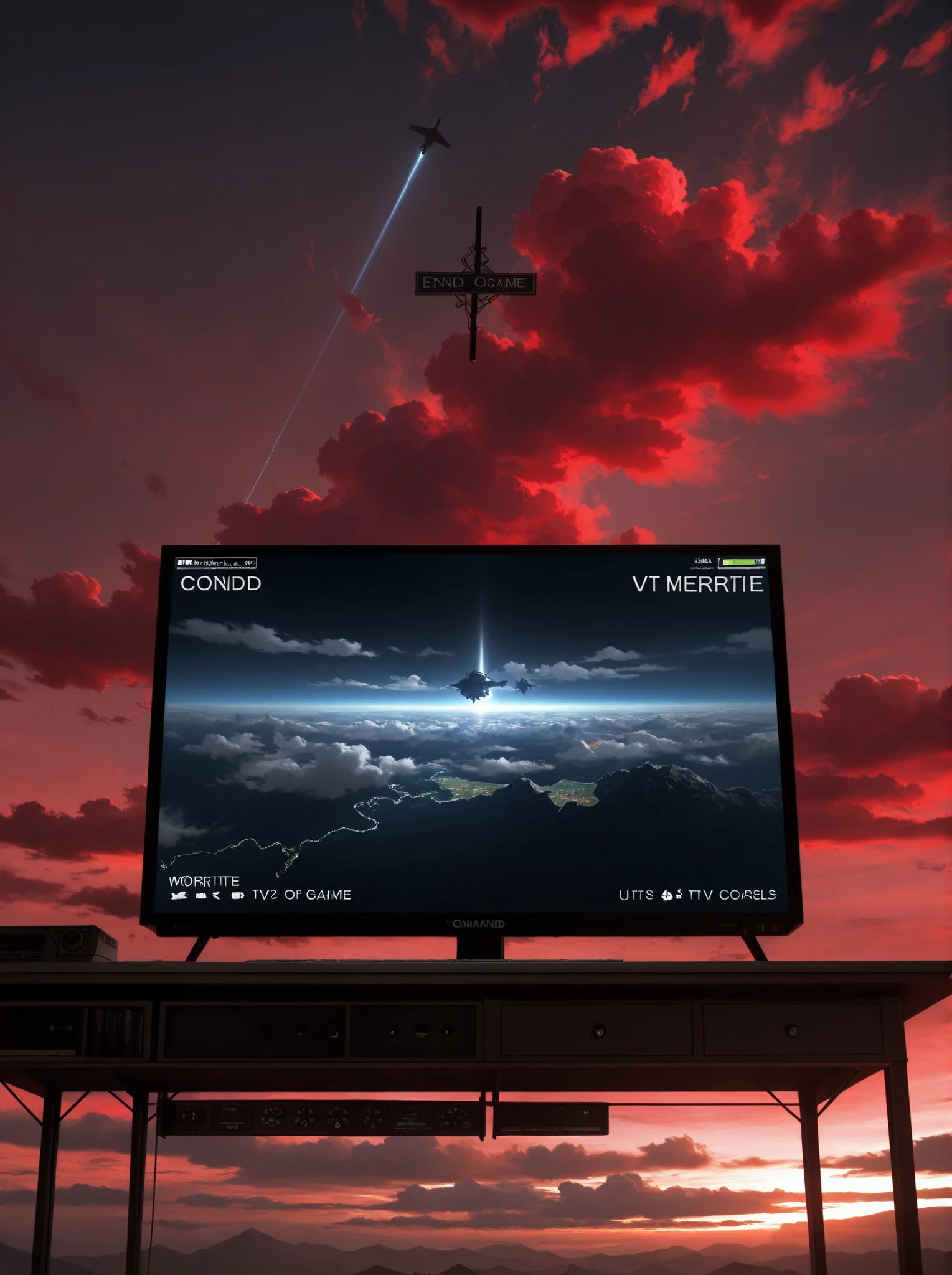 masterpiece, High Quality, ultra detailed, beautiful detailed face, anime, ultra high resolution, 8K,2d,((Inside a video game)), Command ,TV,sign,meteorite,end of the world,red sky,Clouds are circles