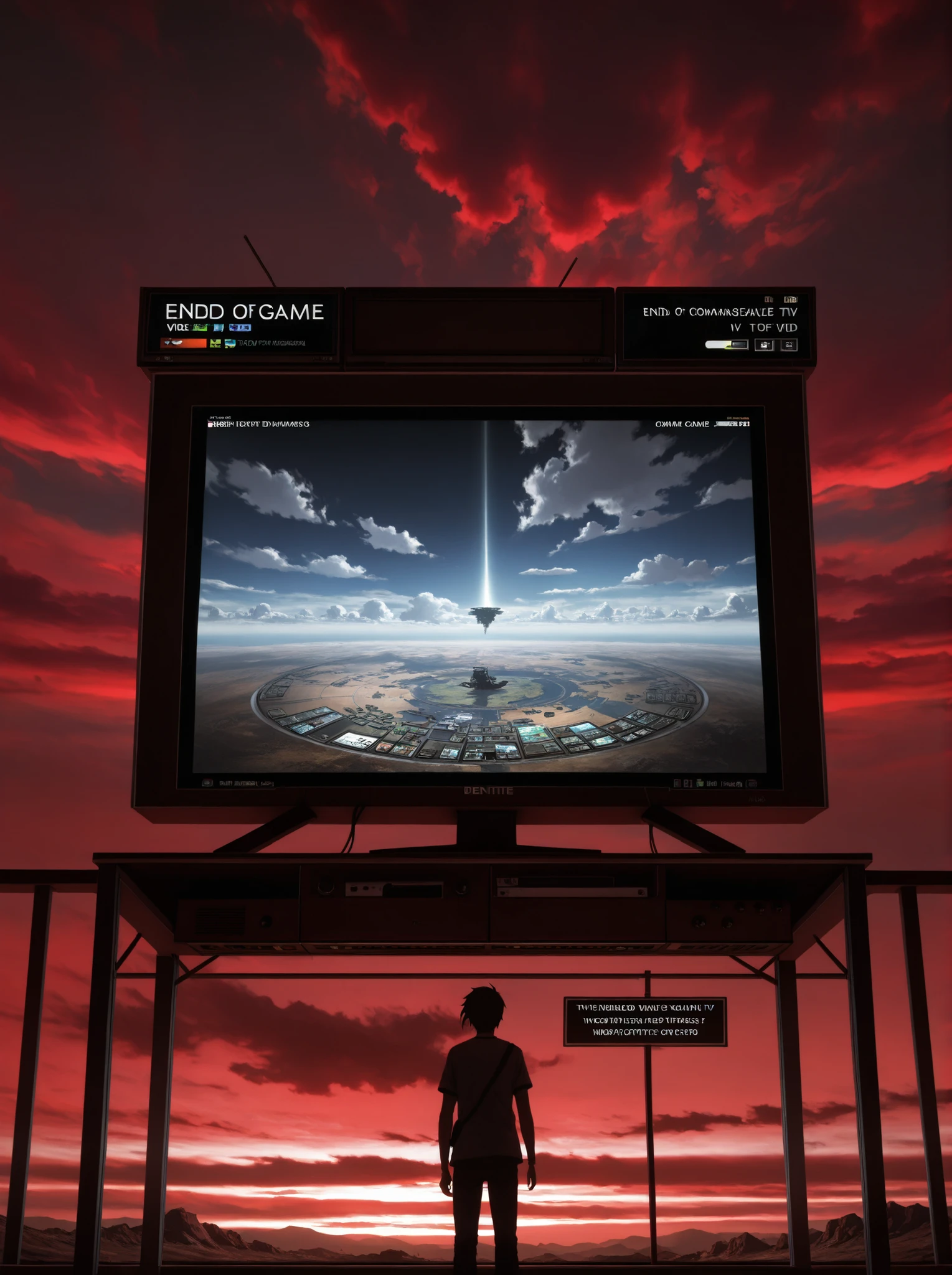 masterpiece, High Quality, ultra detailed, beautiful detailed face, anime, ultra high resolution, 8K,2d,((Inside a video game)), Command ,TV,sign,meteorite,end of the world,red sky,Clouds are circles