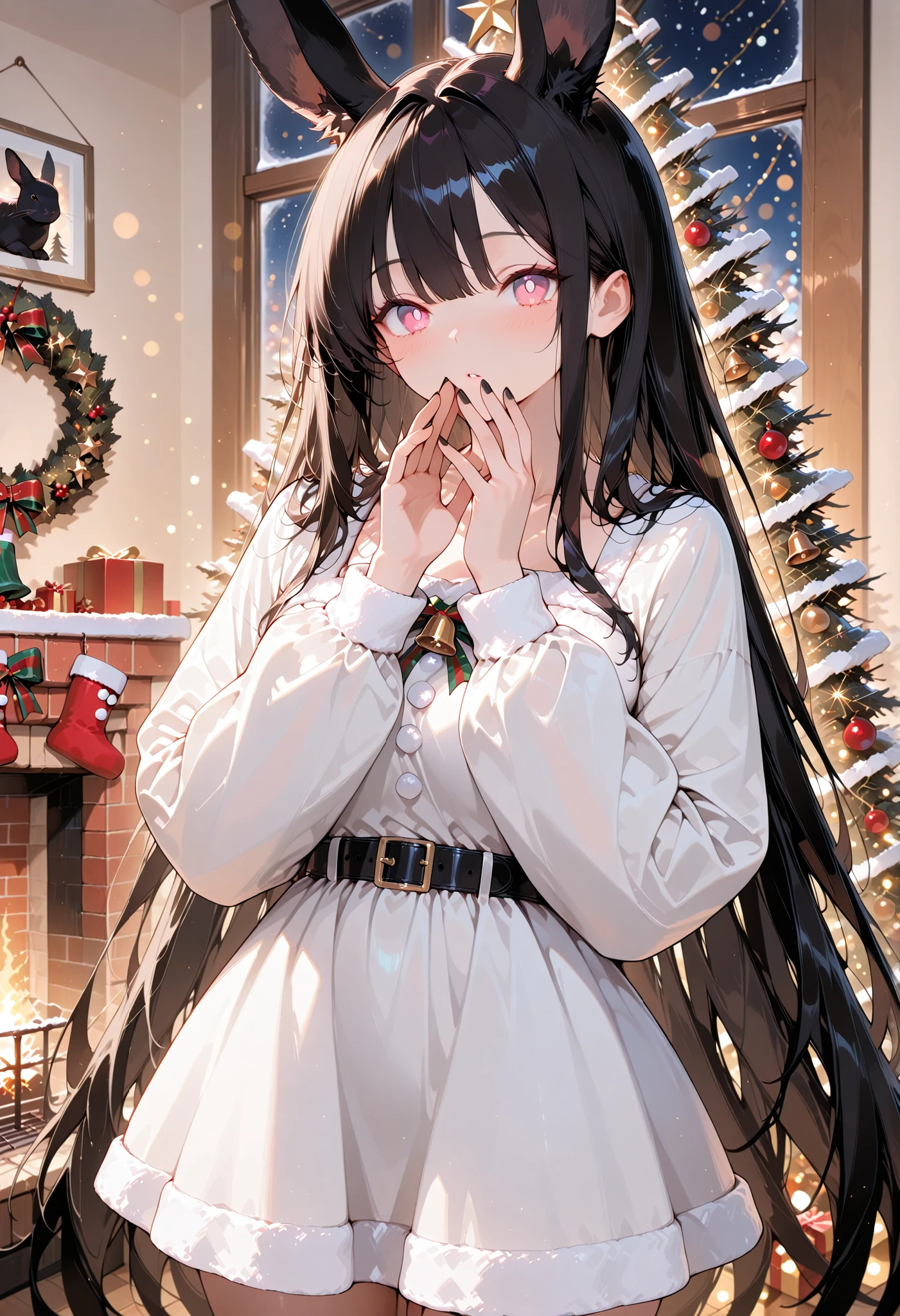 masterpiece, high quality, ultra detailed, high resolution, absurdres, bokeh, soft warm lighting, good hands, detailed eys, 1 girl, very long hair, black hair, black rabbits ears, pink eyes, white pupils, flawless skin, lovely santa dress with sleeves, black nail, x-mas, christmas,