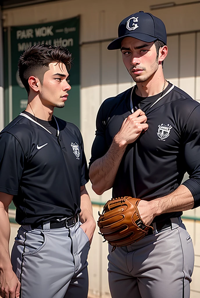 2 men, photo realistic. A lean, tall, athletic 22-year-old handsome Caucasian man, with fade-cut brown hair, and blue eyes, wearing an orange tank top with a black stripe, and black athletic shorts, passionately kissing an athletic 21-year-old handsome Middle Eastern man, with short, fade-cut brown hair, and brown eyes, wearing a slate tank top, and gray athletic shorts, on a sports field, at dusk. They are grabbing each other's hard, bulging . Sexy, romantic, masculine.