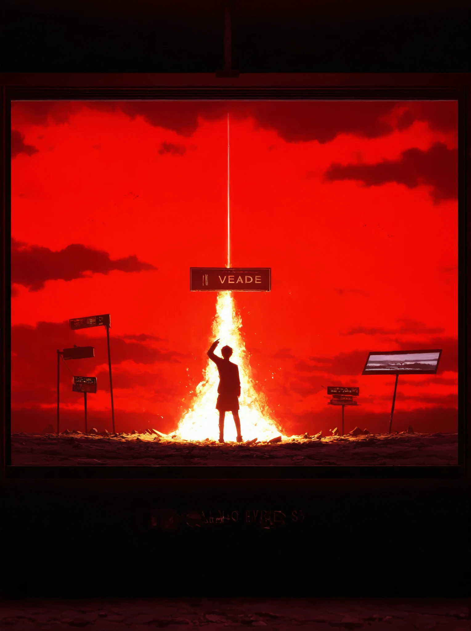 masterpiece, High Quality, ultra detailed, beautiful detailed face, anime, ultra high resolution, 8K,2d,((Inside a video game)), Command ,TV,sign,meteorite,end of the world,red sky,clouds is circles,gigantic stone embedded in fire in the sky