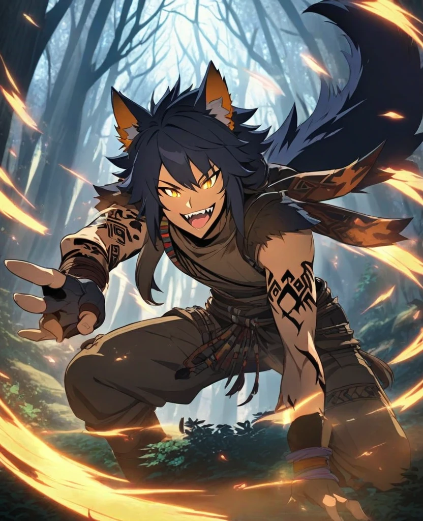 White Wolf,black hair,Sky blue eyes,hairy,Wolf ears,Wolf tail,Full body portrait,The character is in the center of the frame,Handsome,Confident eyes,male,juvenile,Black and white combat uniform,Red neck bib,Black shorts,Short sleeve,hairy arms and legs,Dark background,Dark battlefield,dawn,sunrise,dawn,illumination,shadow,Swordsman,Scabbard and sword,Hold the hilt of a sword in your hand,The scabbard is at the waist,Highest quality